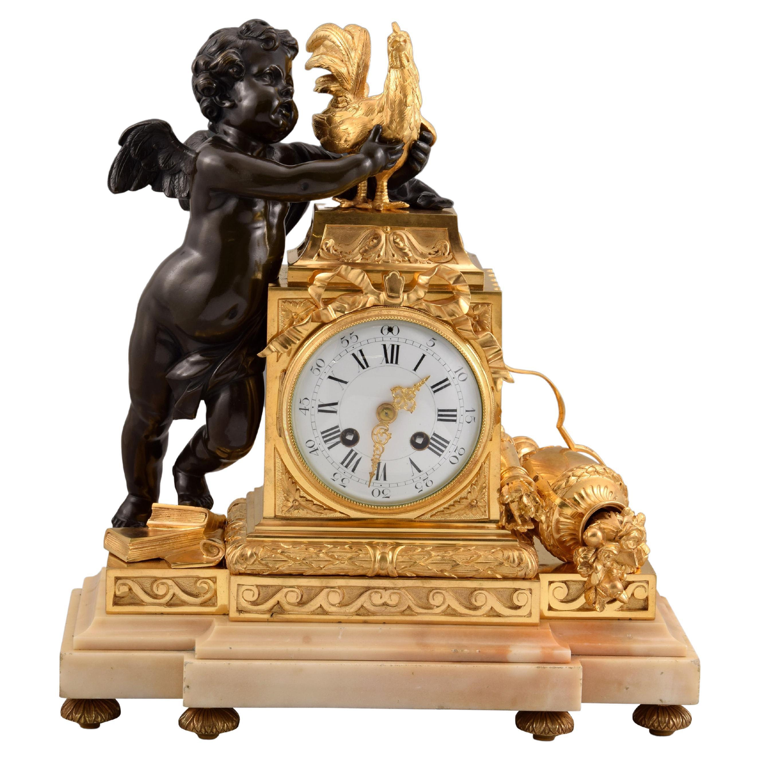 Table clock, Cupid with rooster. Bronze, marble. Posib France, circa late 19th c For Sale