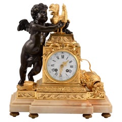 Antique Table clock, Cupid with rooster. Bronze, marble. Posib France, circa late 19th c