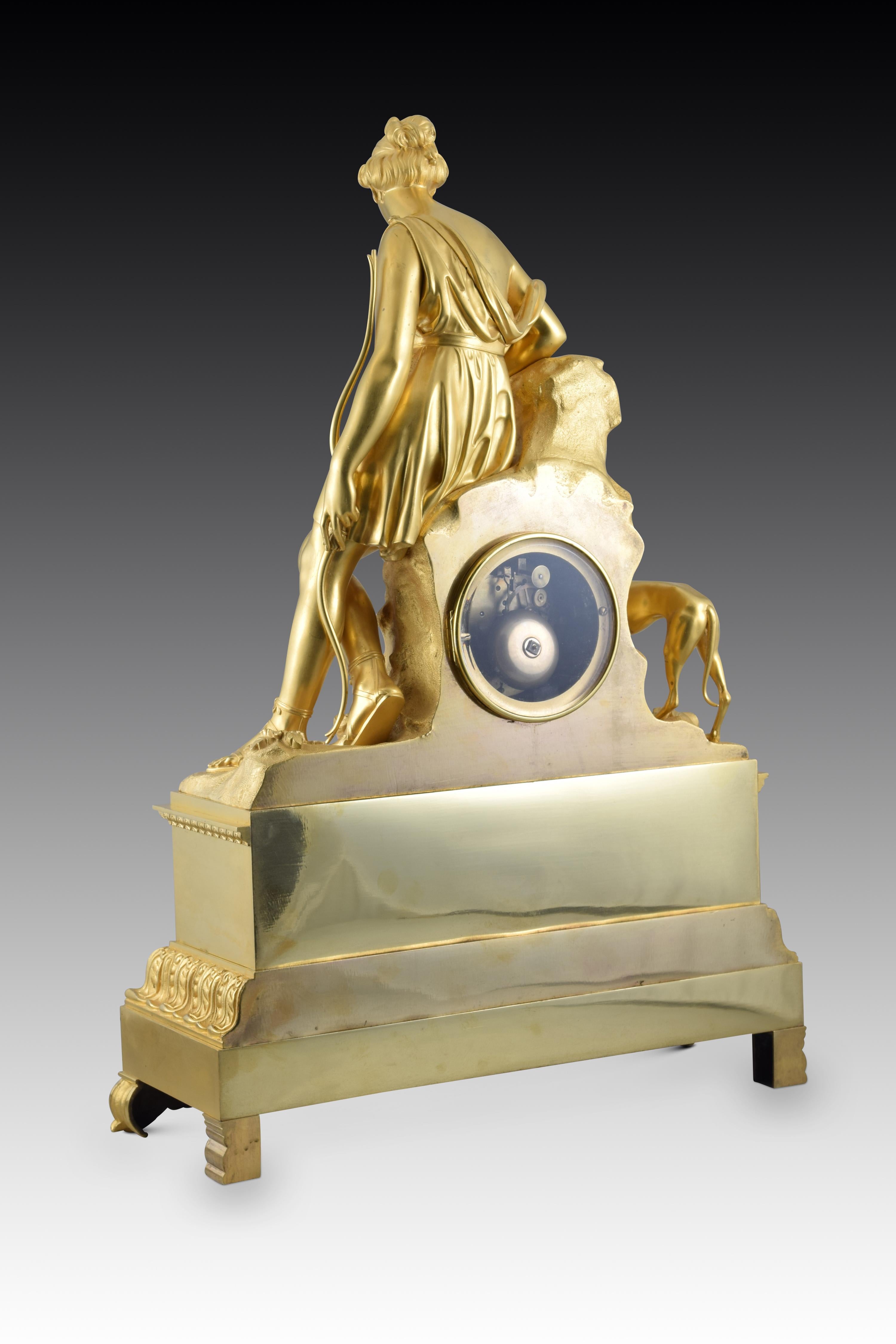 French Table clock, Diana. Gilt bronze. France, 19th century. For Sale