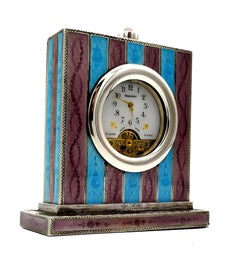 Table clock enamel two-tone striped fired guilloche Napoleon III style Salimbeni