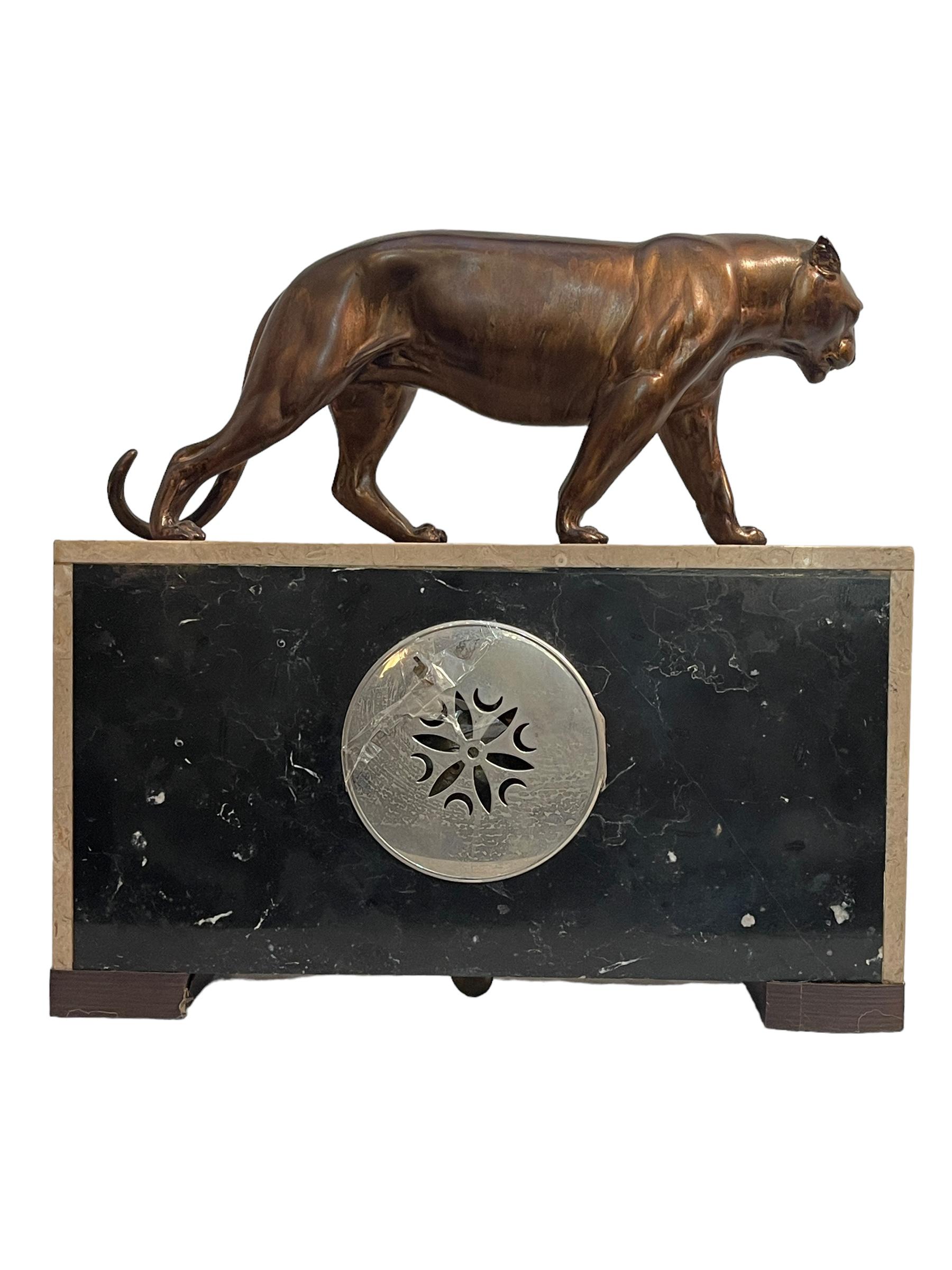 Bronze Table clock, French Art Deco, Panther