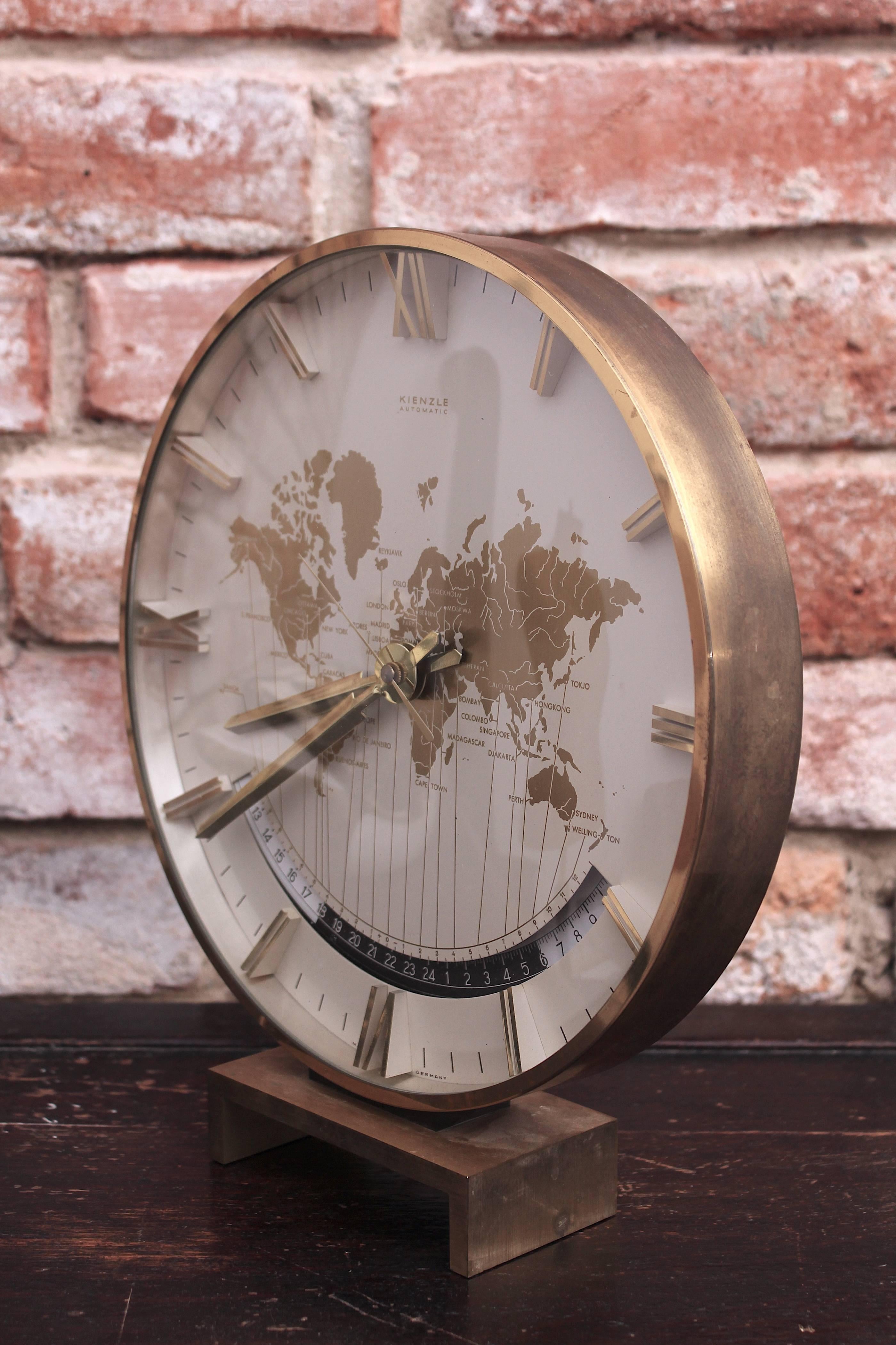 German Table Clock from Kienzle with World Time Zones Map, 1960s