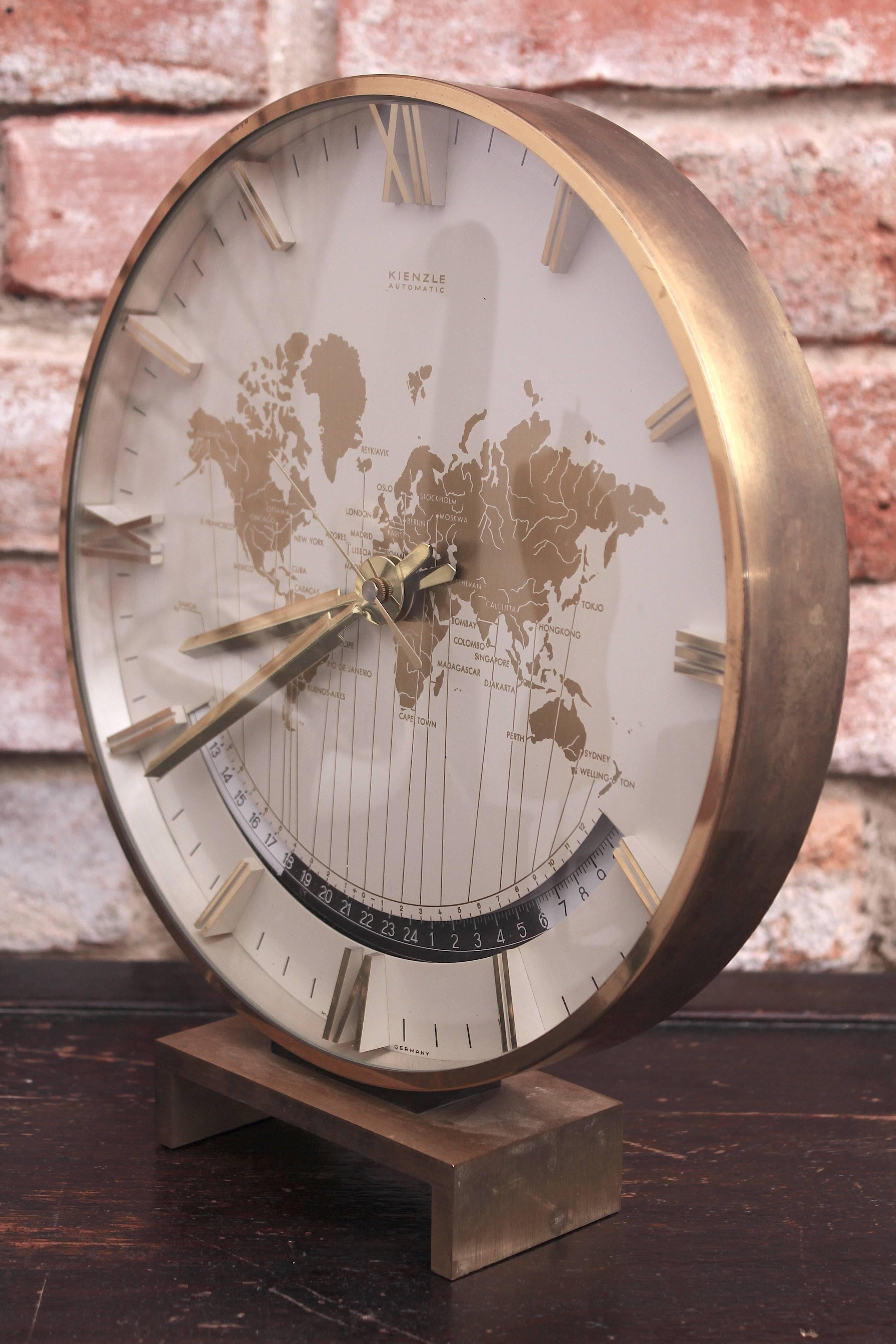 Table Clock from Kienzle with World Time Zones Map, 1960s In Good Condition In Wrocław, Poland