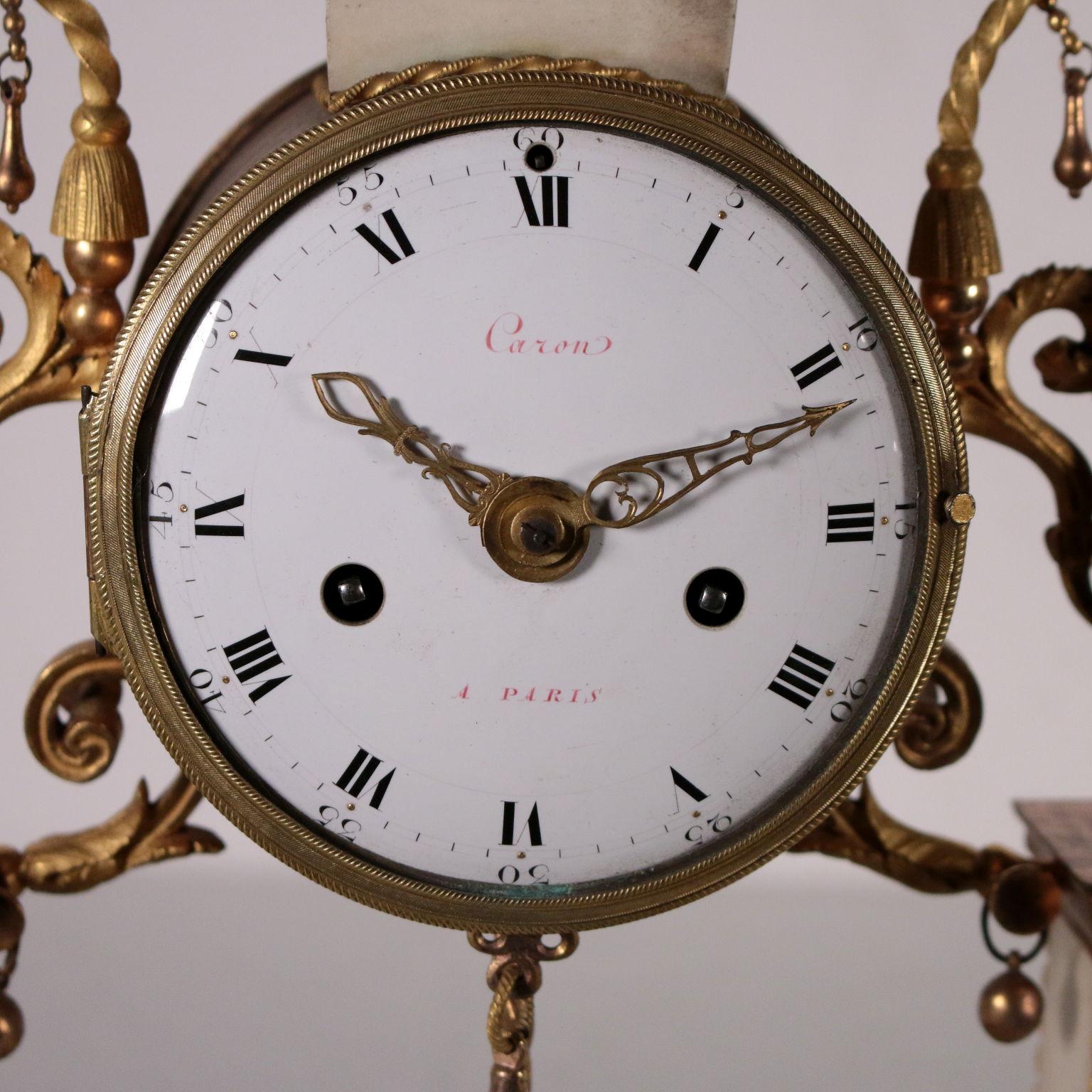 Neoclassical Table Clock Gilded Bronze and White Marble, France, 18th Century