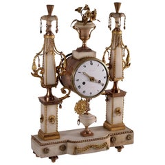 Antique Table Clock Gilded Bronze and White Marble, France, 18th Century