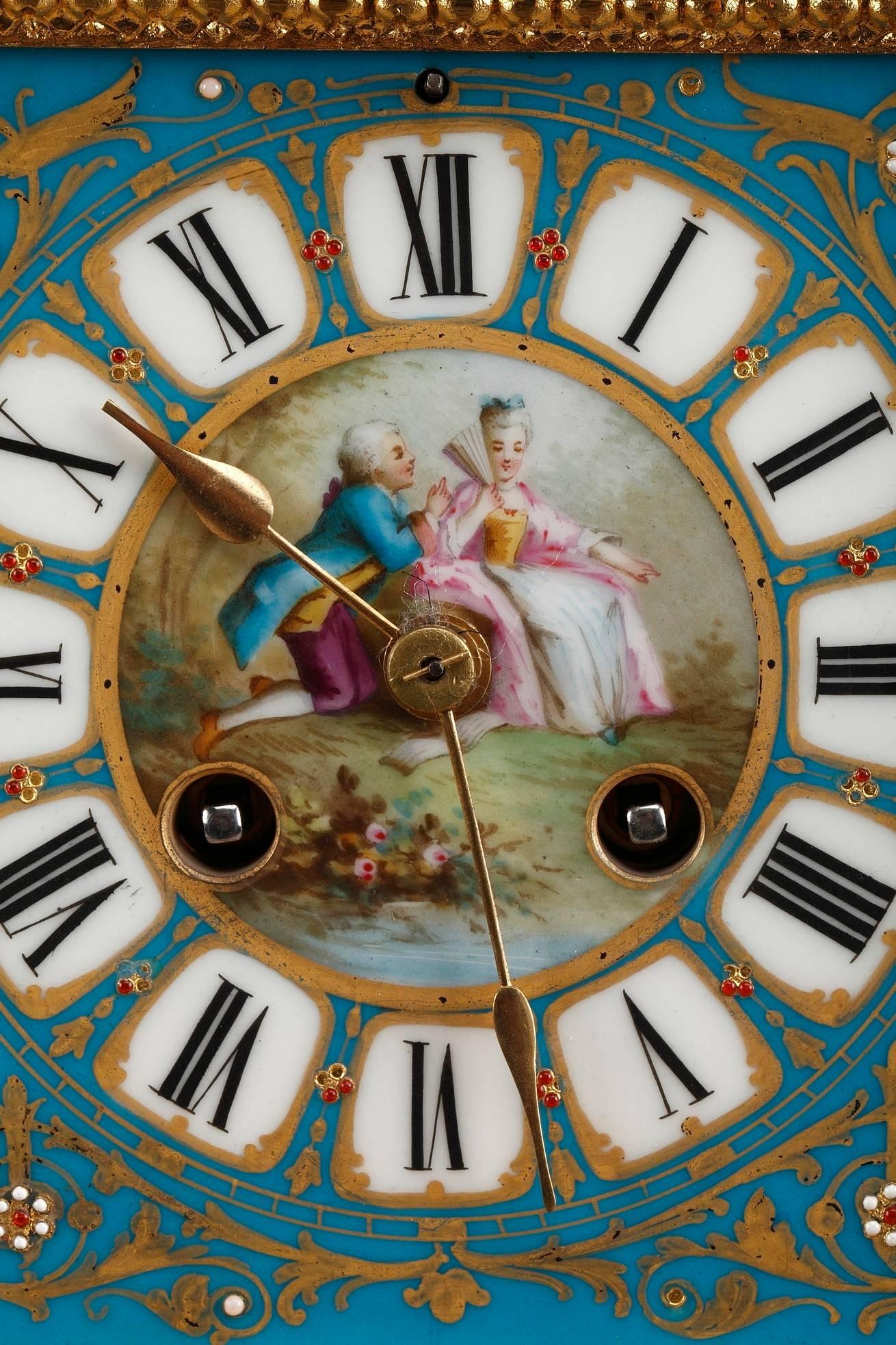 French Table Clock in Ormolu and Porcelain with Galant Scenes