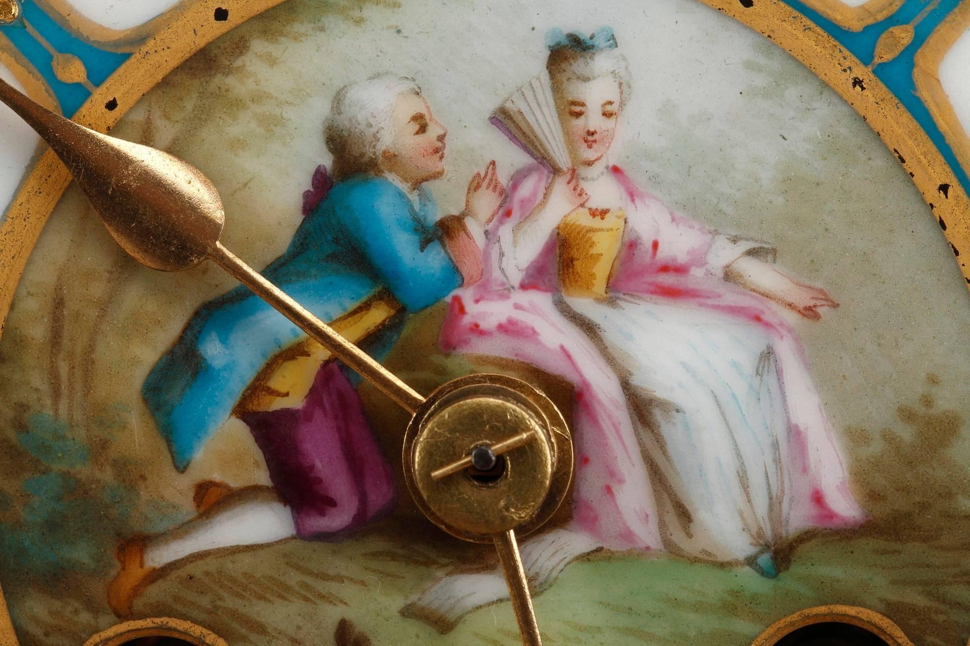 Gilt Table Clock in Ormolu and Porcelain with Galant Scenes