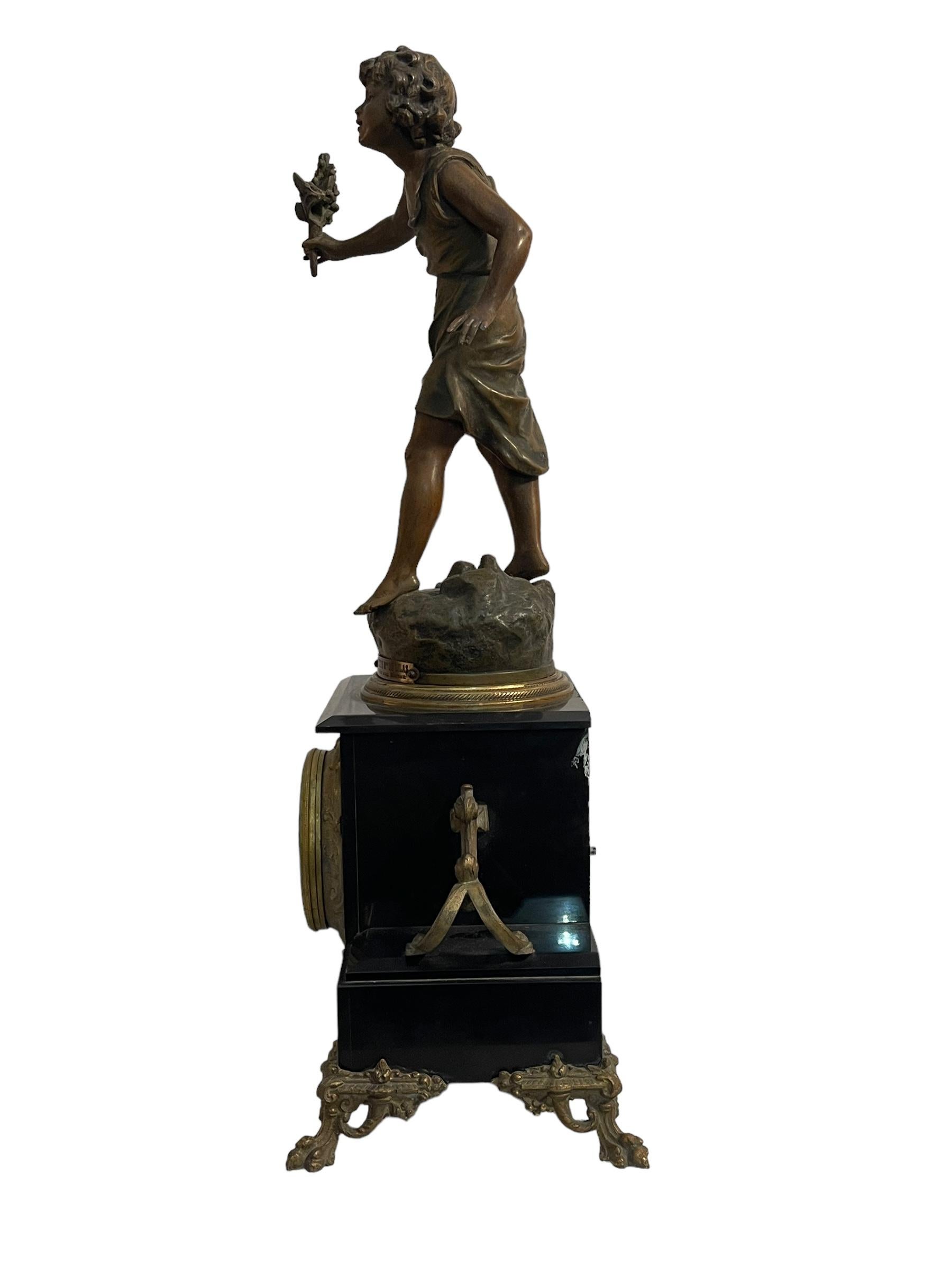 Louis XVI Table clock, late 19th century with mounted bronze sculpture, by Auguste Moreau For Sale
