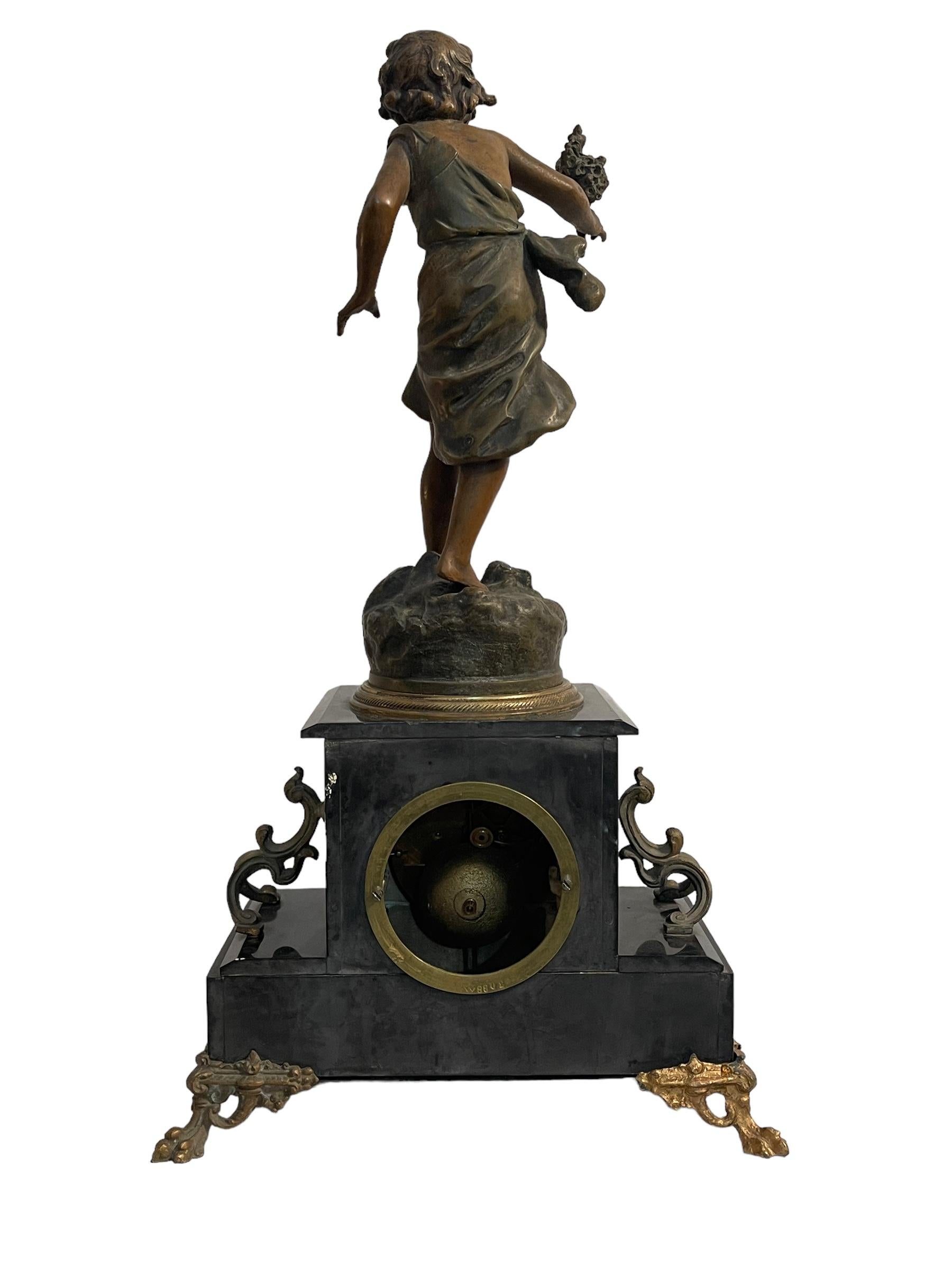 French Table clock, late 19th century with mounted bronze sculpture, by Auguste Moreau For Sale