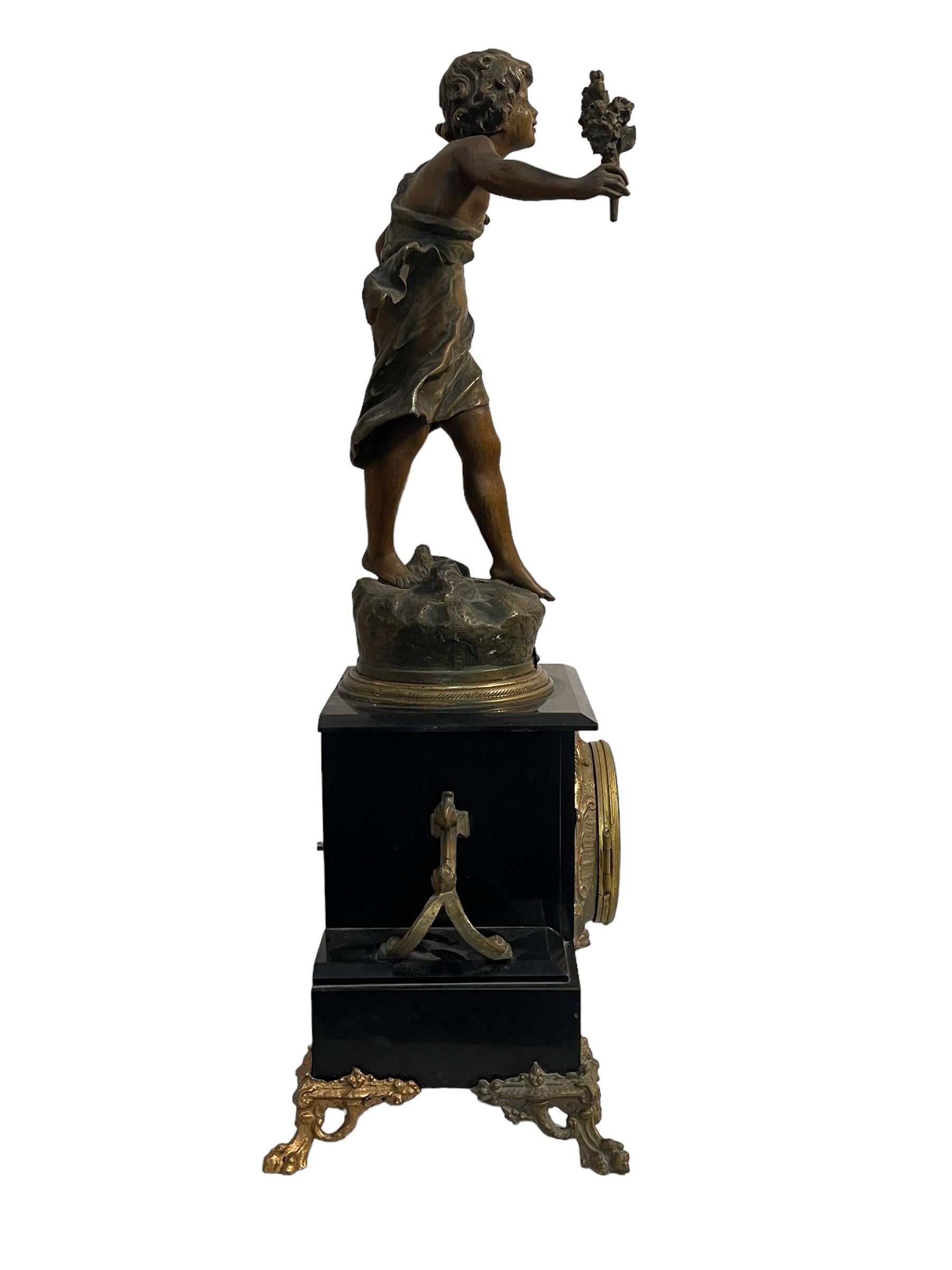 Hand-Crafted Table clock, late 19th century with mounted bronze sculpture, by Auguste Moreau For Sale