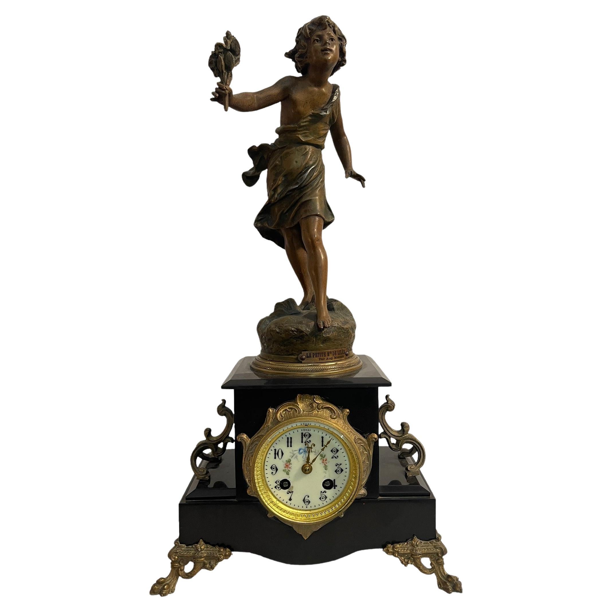 Table clock, late 19th century with mounted bronze sculpture, by Auguste Moreau For Sale