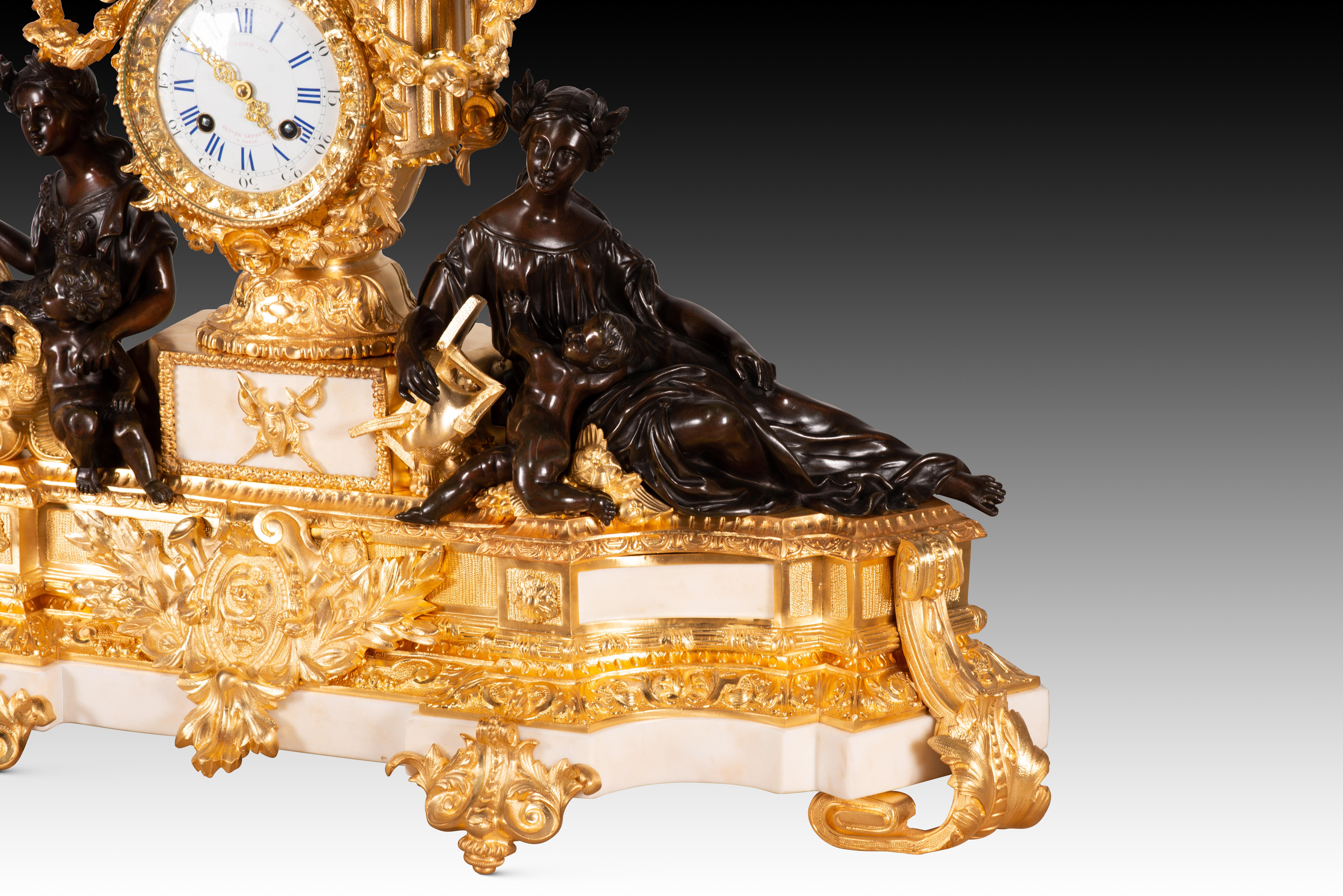Bronze Horloge de table. Marbre, bronze. Japy Frères ; Boursier. Paris, France, vers 1849-1 en vente