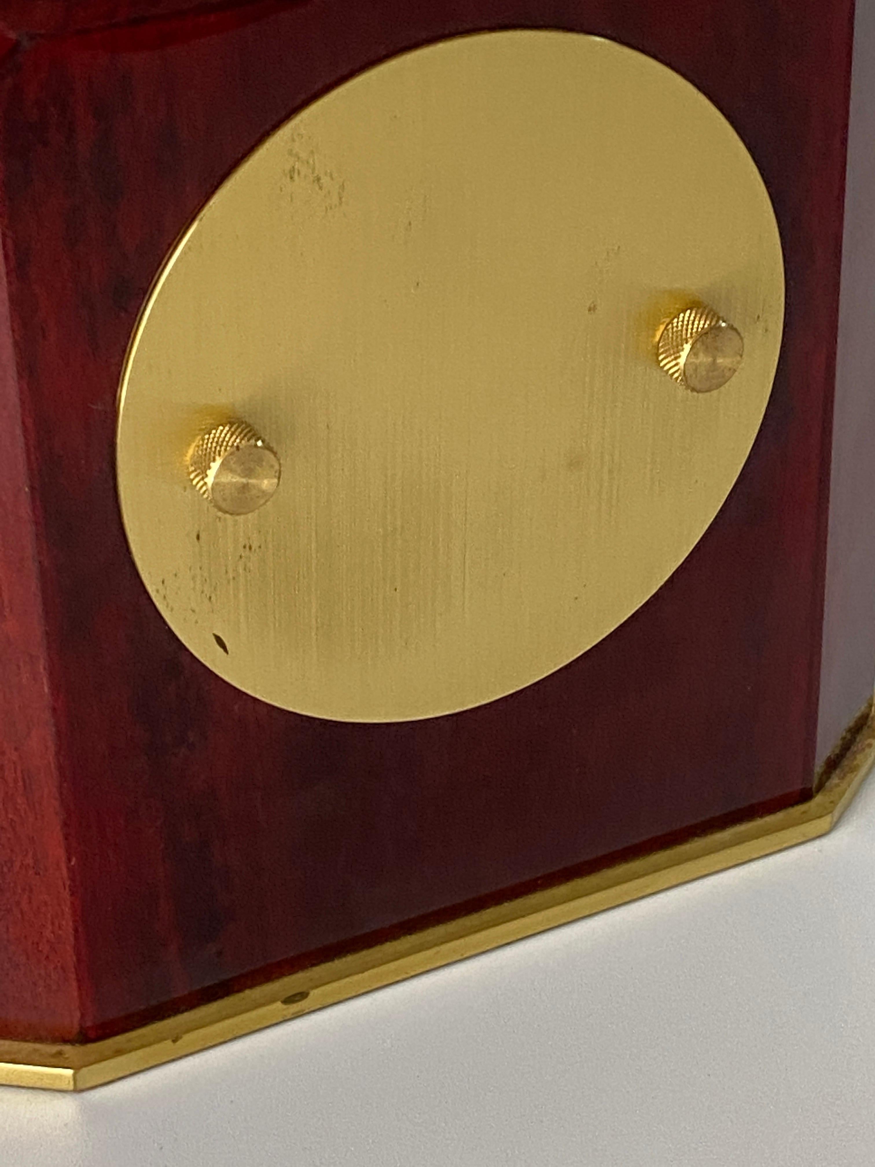 Late 20th Century Table Clock, Modern Shape, Burgundy Color, Hard Plastic and Brass, France 1970 For Sale