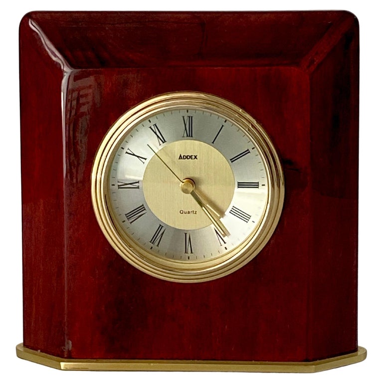 Table Clock, Modern Shape, Burgundy Color, Hard Plastic and Brass
