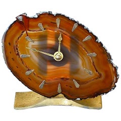 Vintage Table Clock Willy Daro Attribution Amber White Agate Brushed Brass Junghans 1970