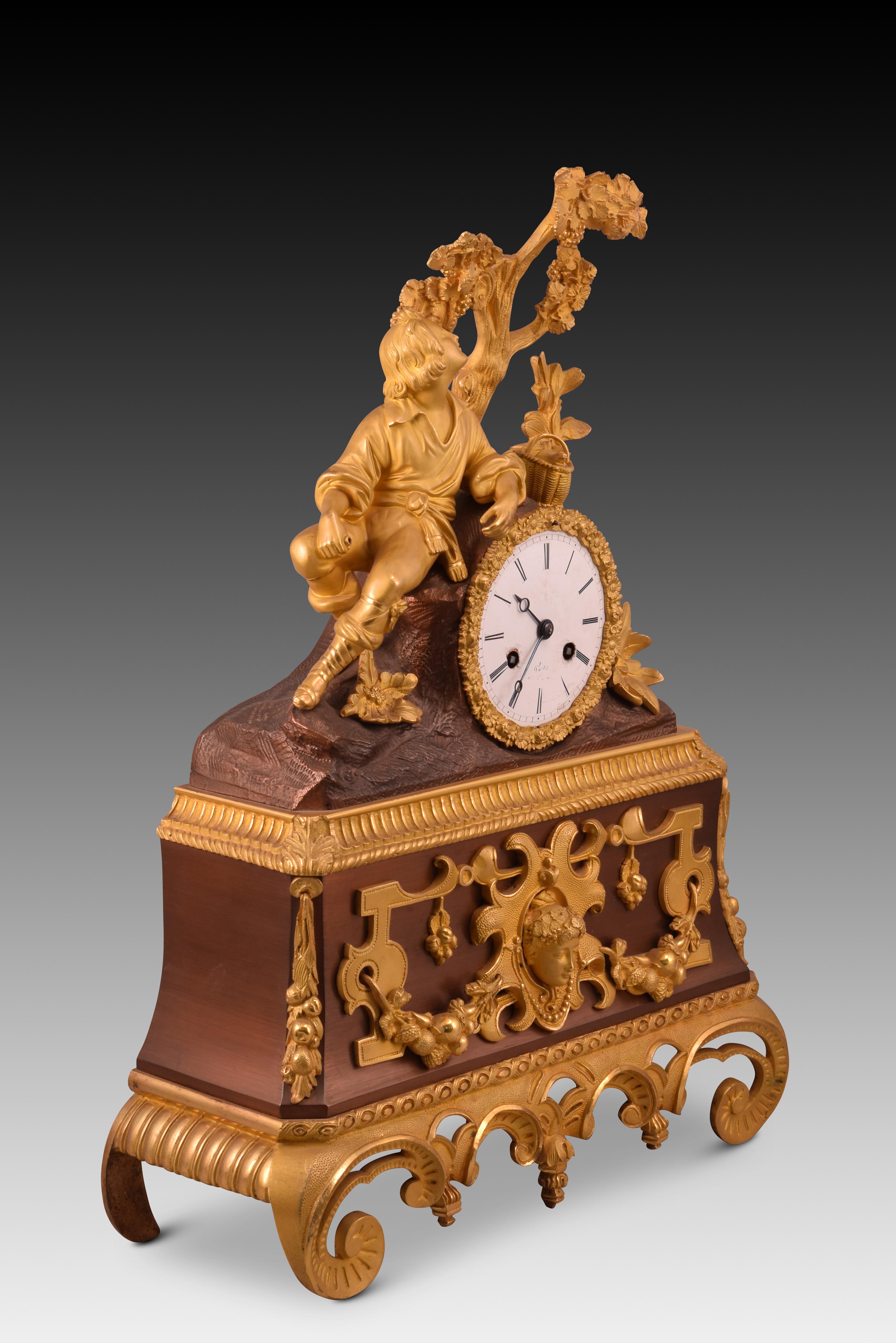 European Table clock with bell glass. Wood. bronze, etc. 19th century