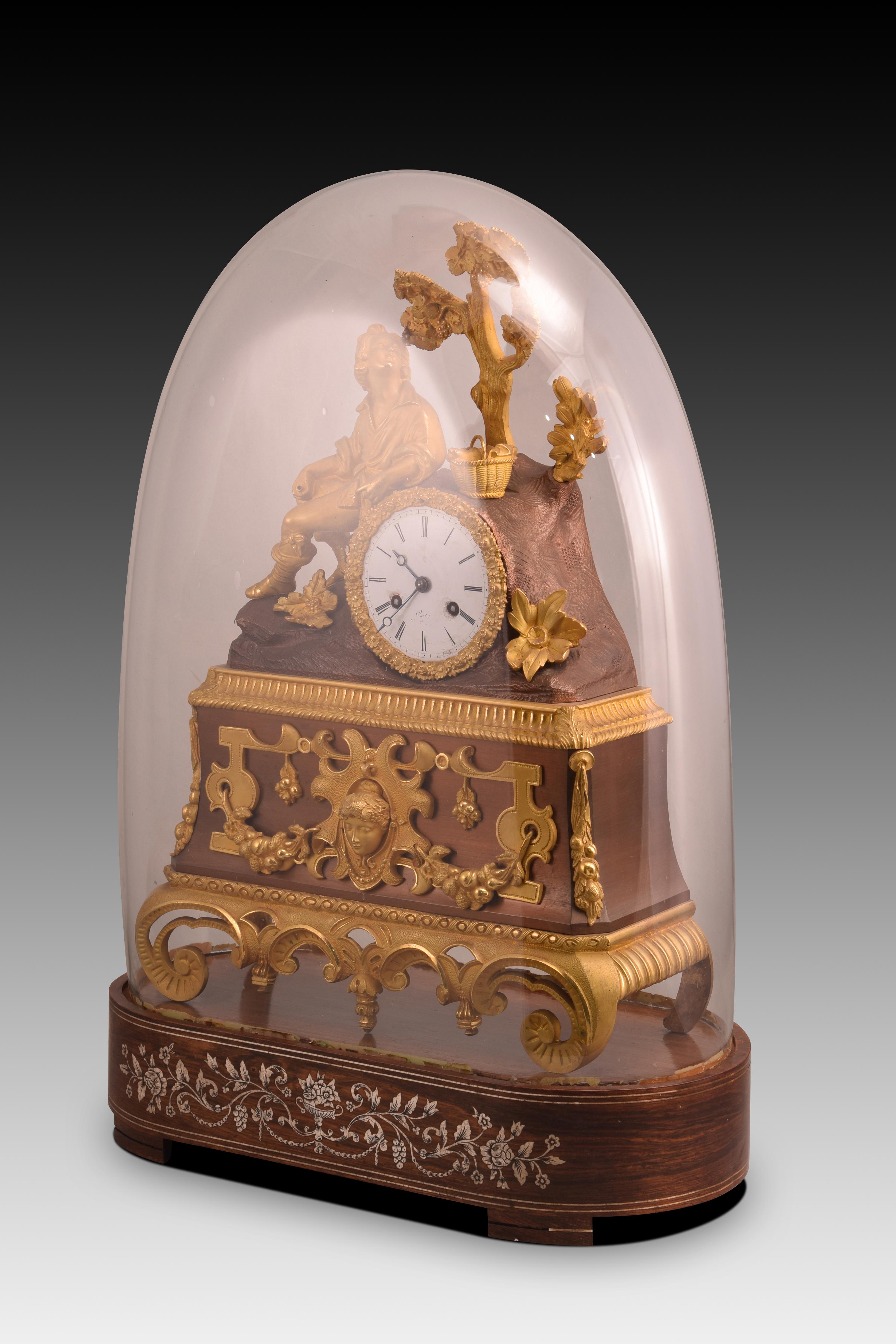 Bronze Table clock with bell glass. Wood. bronze, etc. 19th century