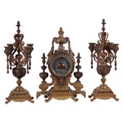 Antique Table Clock with Candlesticks Bronze, France, 19th Century