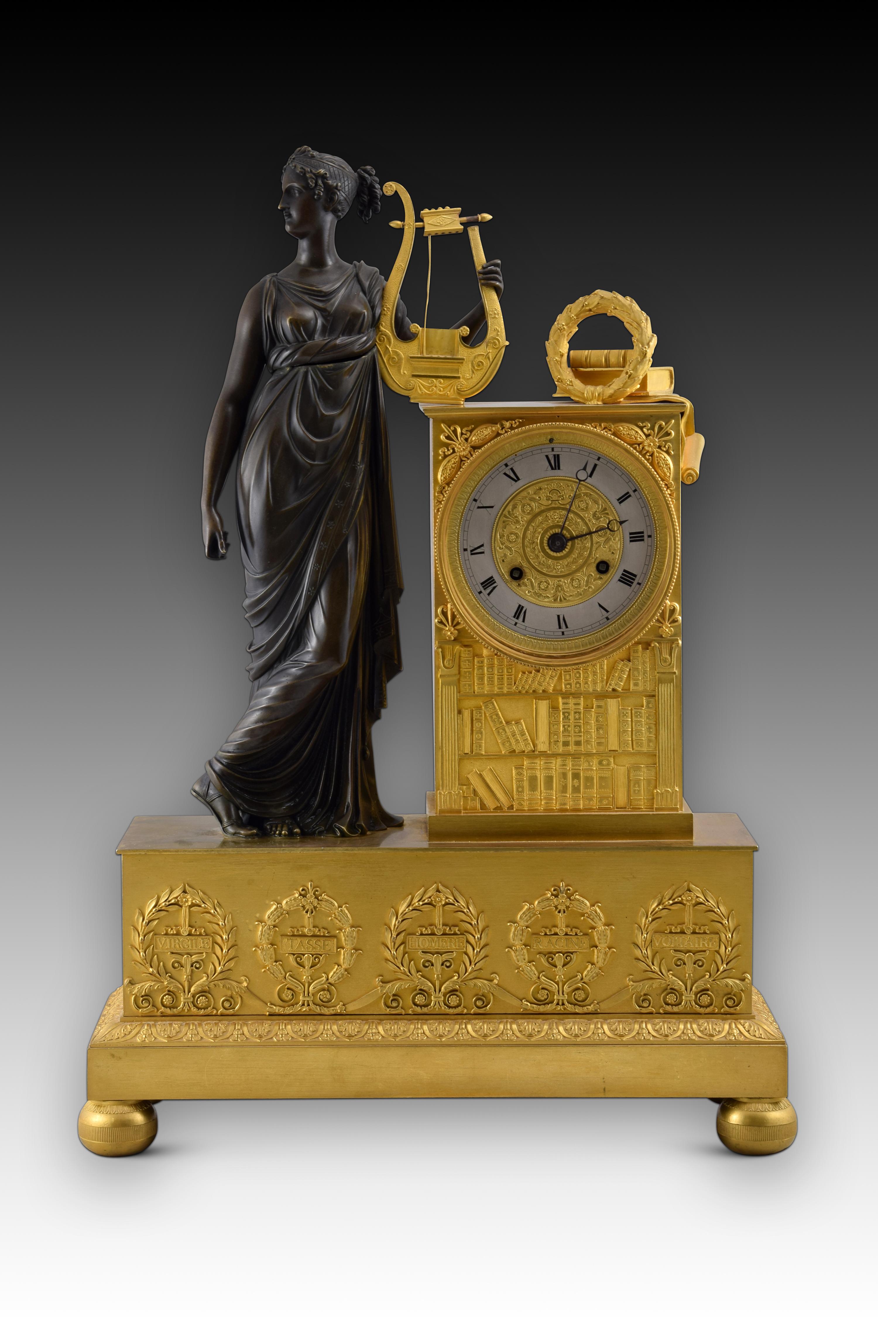 Table clock with Muse and writers. Bronze, Paris movement. France, 19th century. For Sale 4
