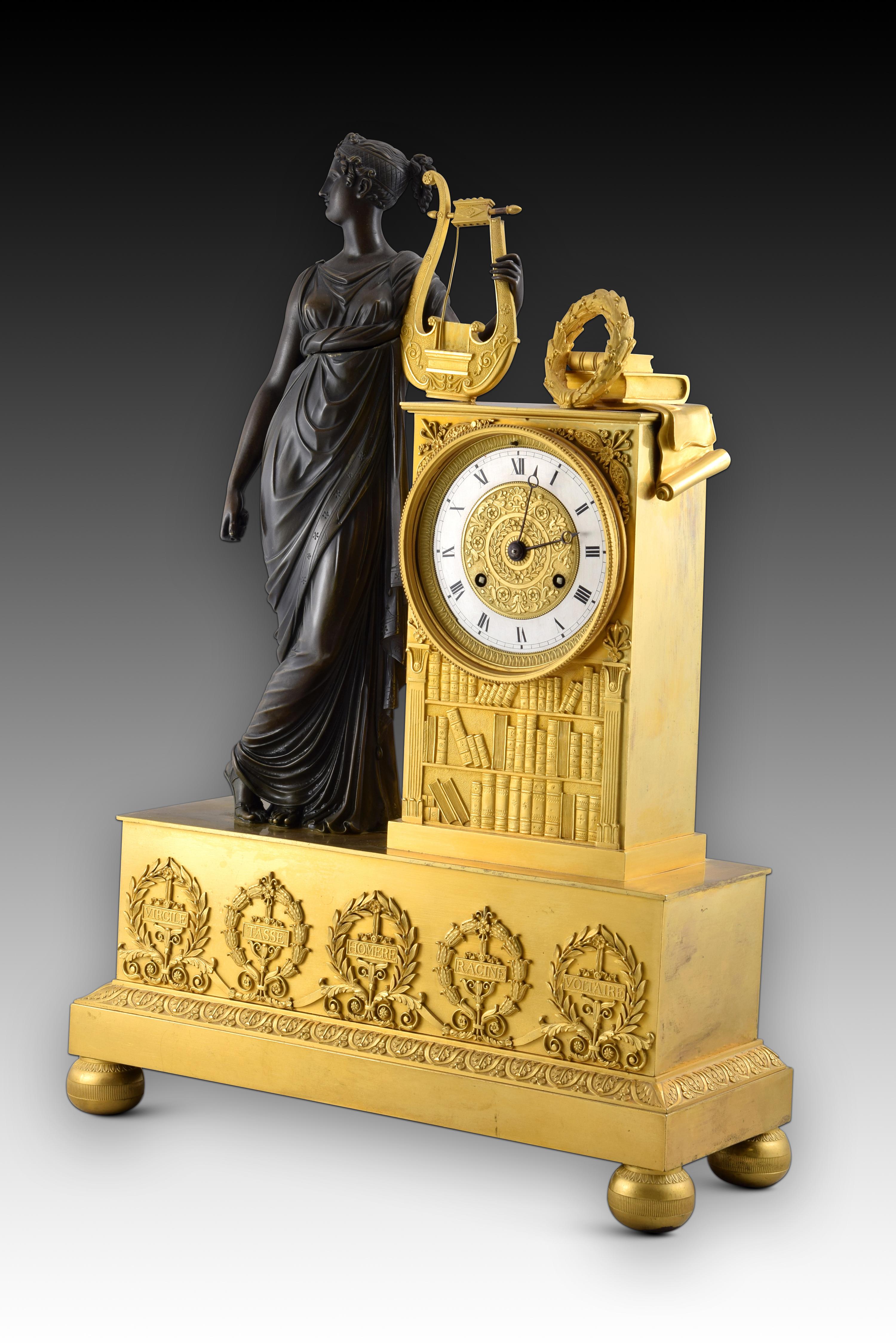 Table clock with Muse and writers. Bronze, Paris movement. France, 19th century. For Sale 5
