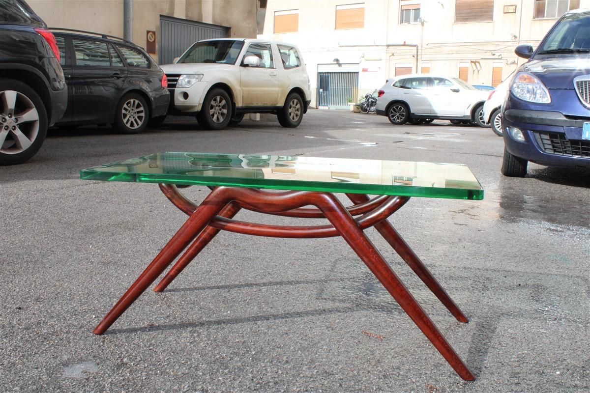 Table Coffee Midcentury Design Glass Top Foot Curved Mahogany Wood Fontana Arte In Good Condition For Sale In Palermo, Sicily