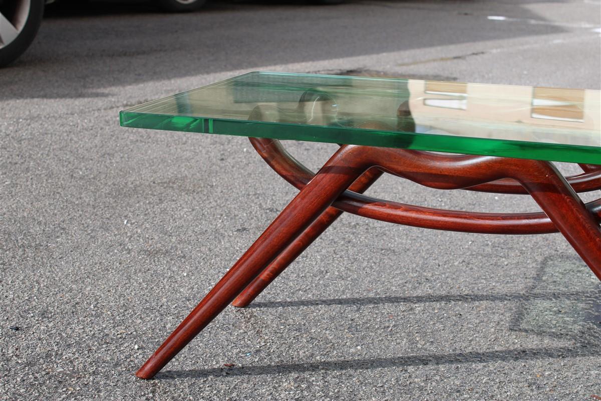 Mid-20th Century Table Coffee Midcentury Design Glass Top Foot Curved Mahogany Wood Fontana Arte For Sale