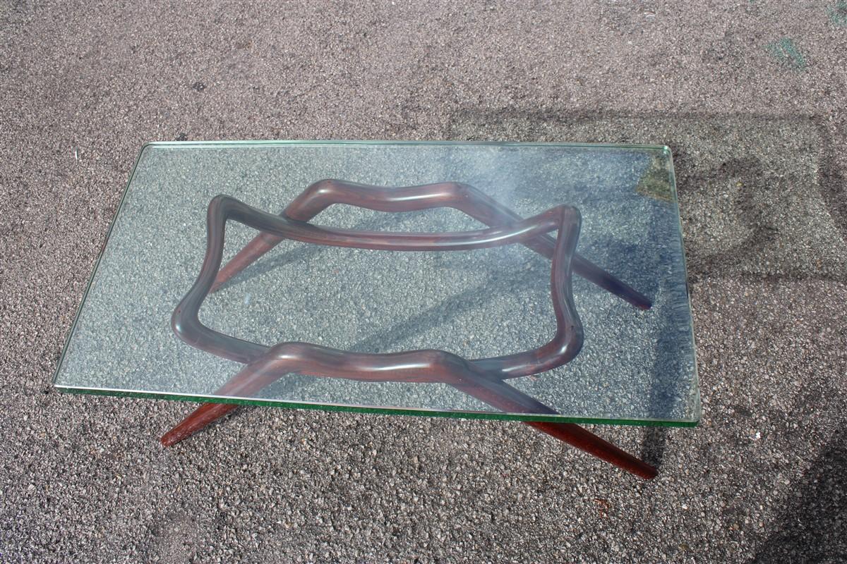 Tisch-Couchtisch mit Glasplatte und Fuß aus geschwungenem Mahagoniholz Fontana Arte, Mid-Century-Design im Angebot 1