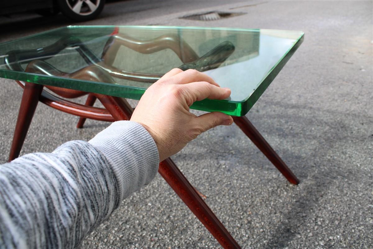 Tisch-Couchtisch mit Glasplatte und Fuß aus geschwungenem Mahagoniholz Fontana Arte, Mid-Century-Design im Angebot 2