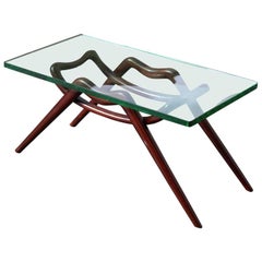 Table Coffee Midcentury Design Glass Top Foot Curved Mahogany Wood Fontana Arte