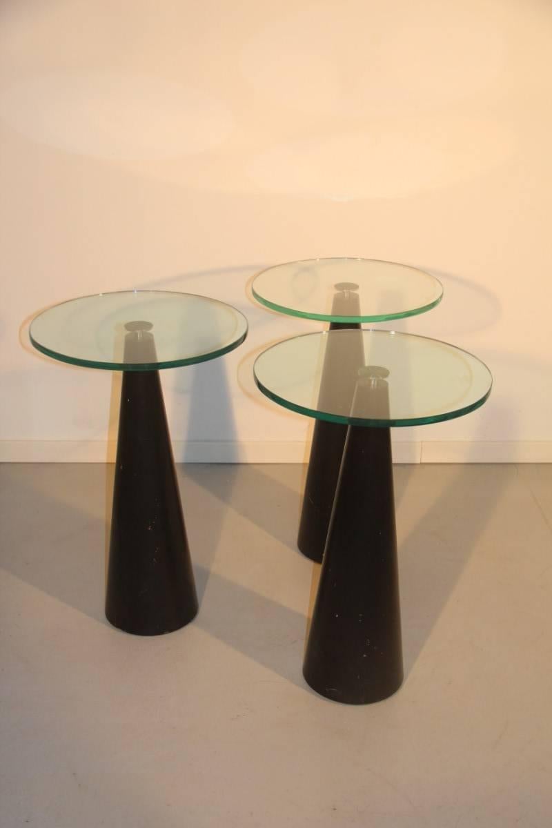 Late 20th Century Table Coffee Italian Design 1980s Wood Black Conical  Form Top Glass Round  For Sale