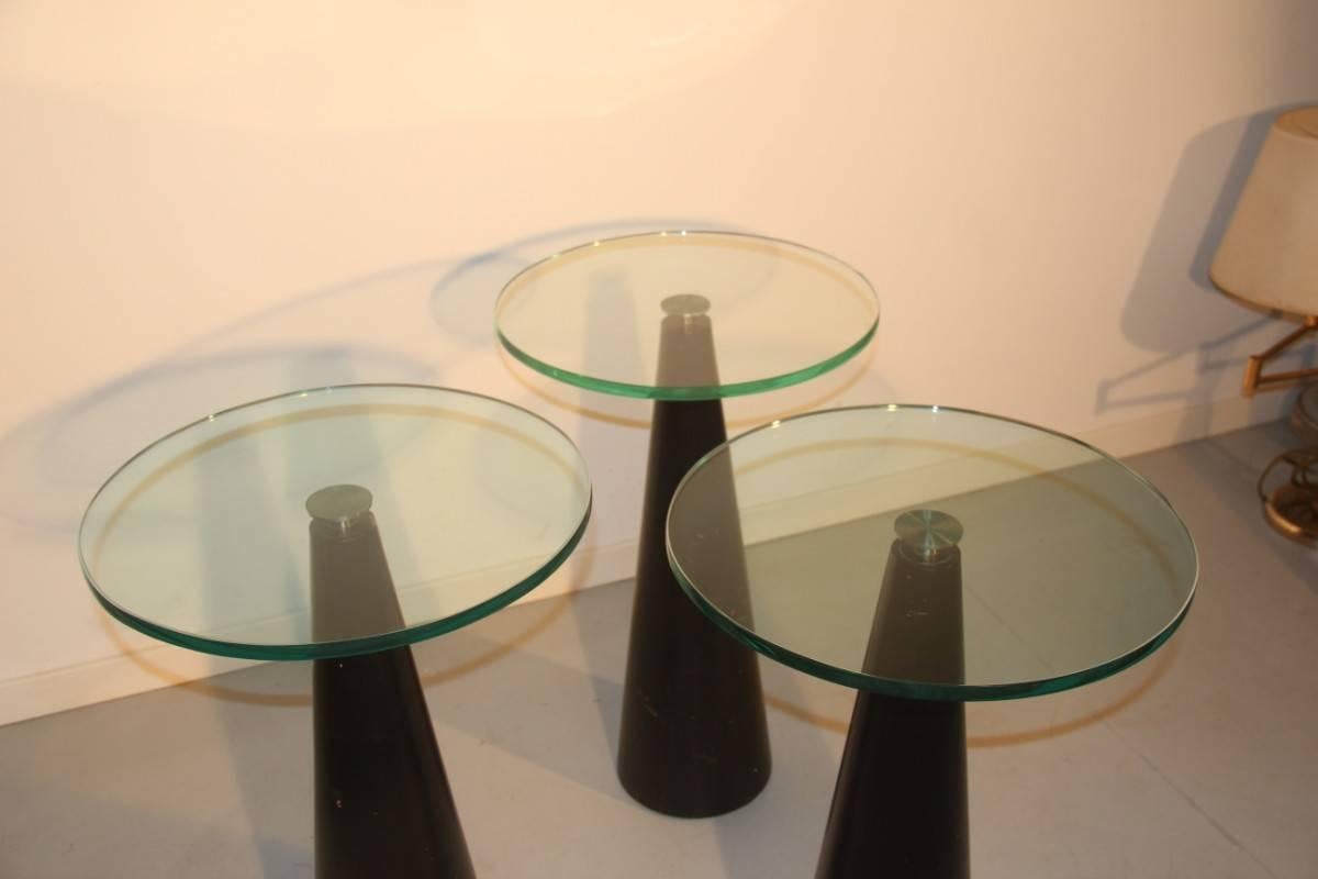 Art Glass Table Coffee Italian Design 1980s Wood Black Conical  Form Top Glass Round  For Sale