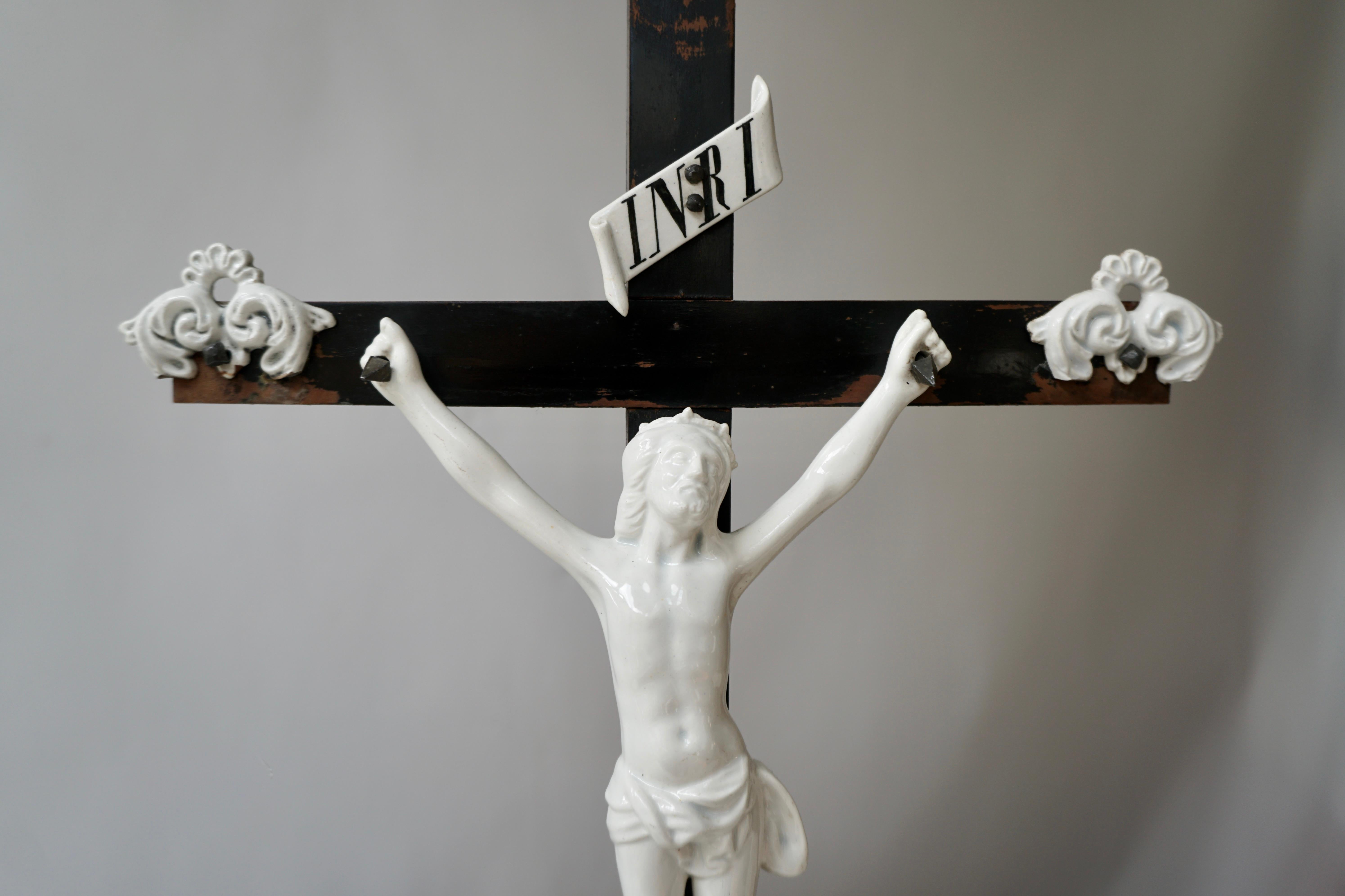 Belgian Table Crucifix with Porcelain Corpus of Christ For Sale