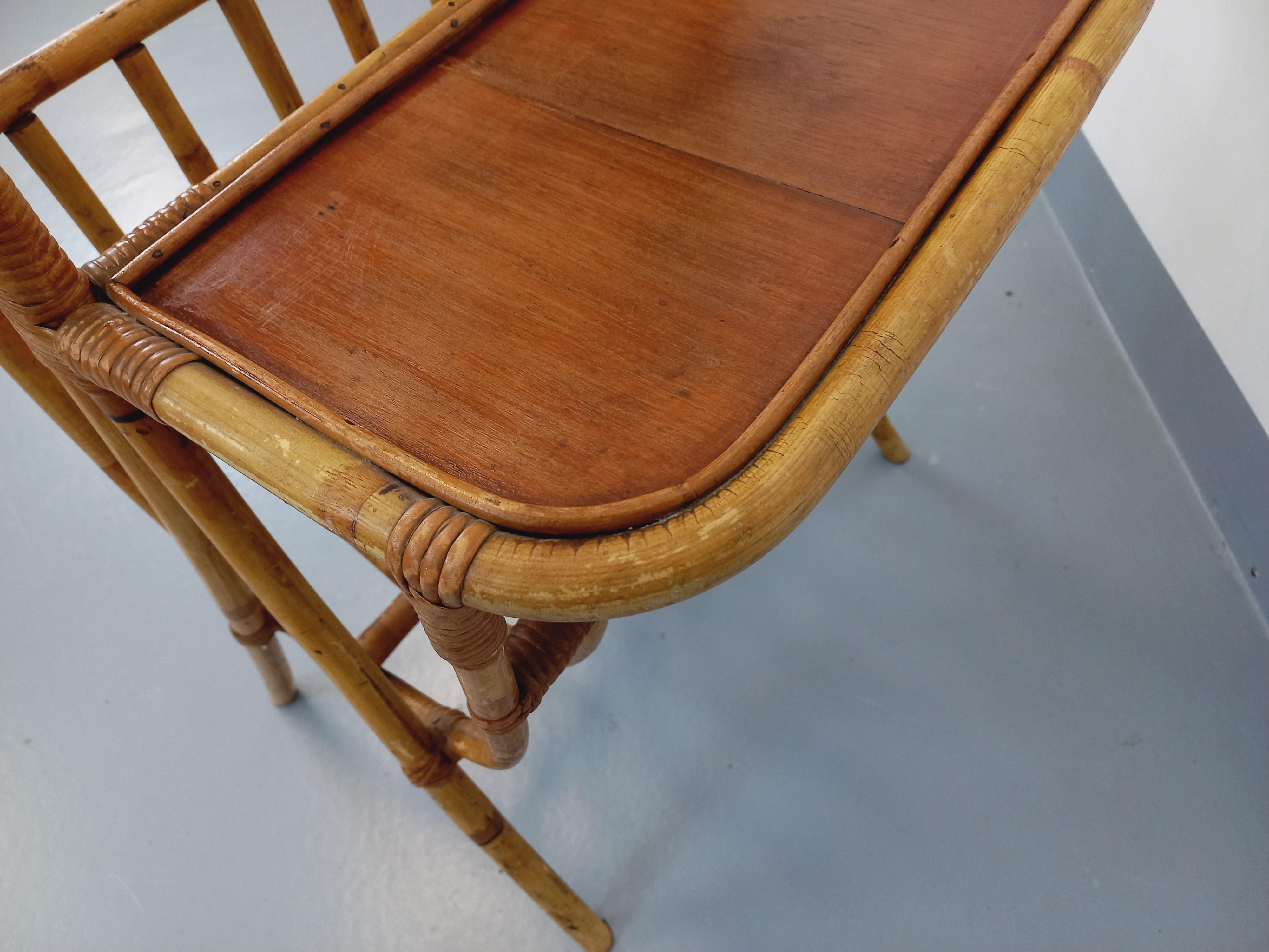 Table d'appoint vintage des années 60, en rotin, plateau en bois, porte-revue intégré, très bon état général avec charme et patine du temps qui passe.
Réf. 231 026
Hauteur : 65 cm
Largeur : 41 cm
Profondeur : 43 cm
