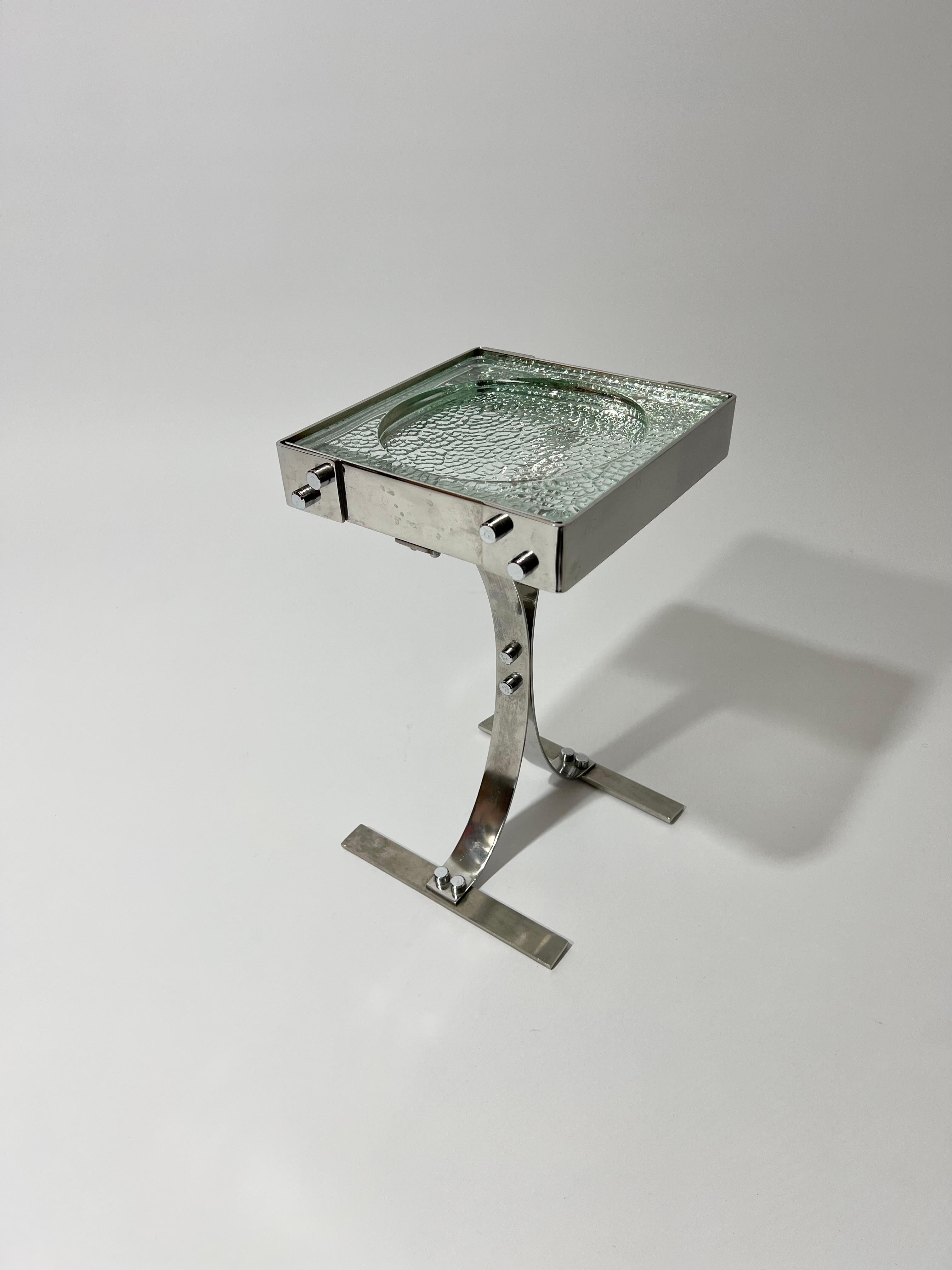 Table d'appoint vide poche en inox et pavé de verre Nevada, France, années 1970 Bon état - En vente à THONON-LES-BAINS, FR