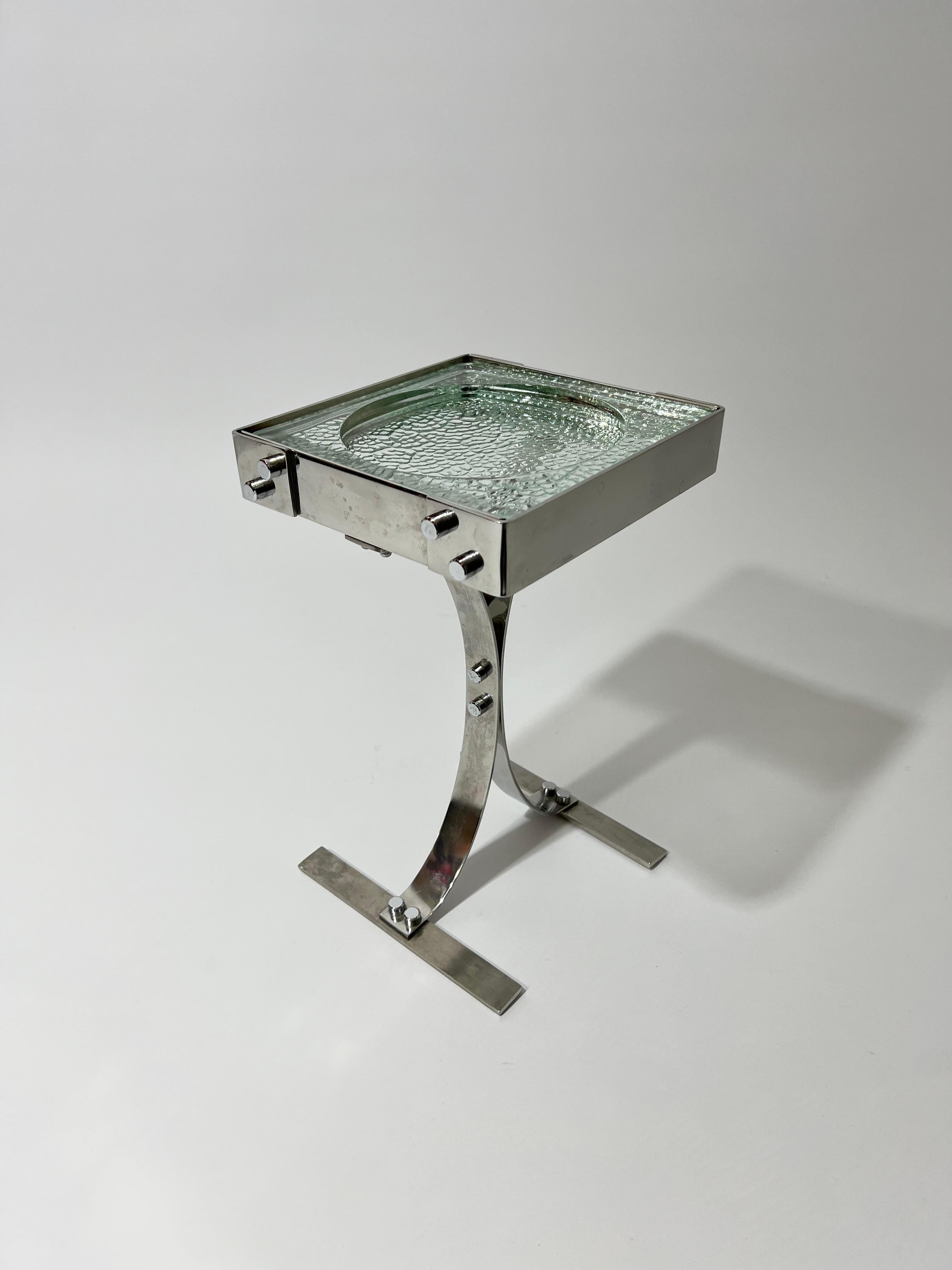 20ième siècle Table d'appoint vide poche en inox et pavé de verre Nevada, France, années 1970 en vente