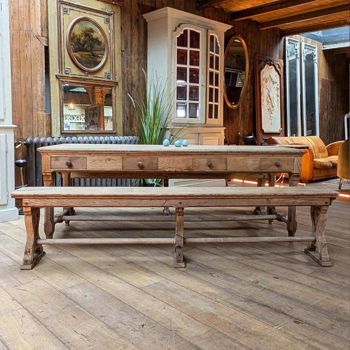 Wood Convent table with its pair of benches For Sale