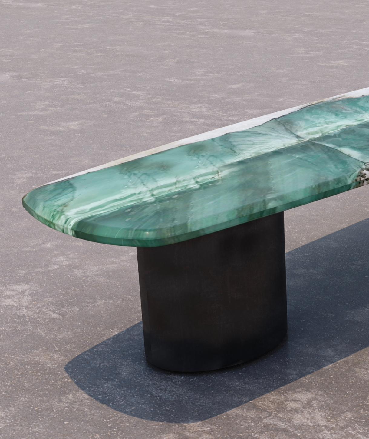 Very large 425cm-long dining table in Patagonia Green marble. 

Ideally for 10 to 12 people

Top made of two large 212.5cm slabs (with a joint in the middle).
Polished finish. 

Each piece will be unique, as the marble used is a natural marble with