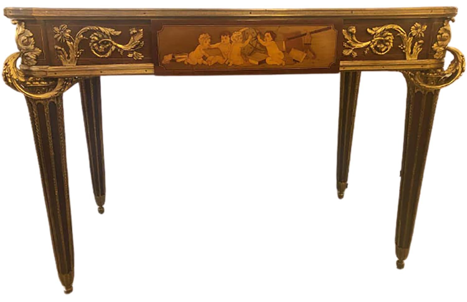 A fine and rare Louis XVI style table de salon, attributed to Francois Linke. A fine quality table with exquisite bronze mounts along with detailed marquetry inlay, featuring one single push button spring released drawer, signed F.