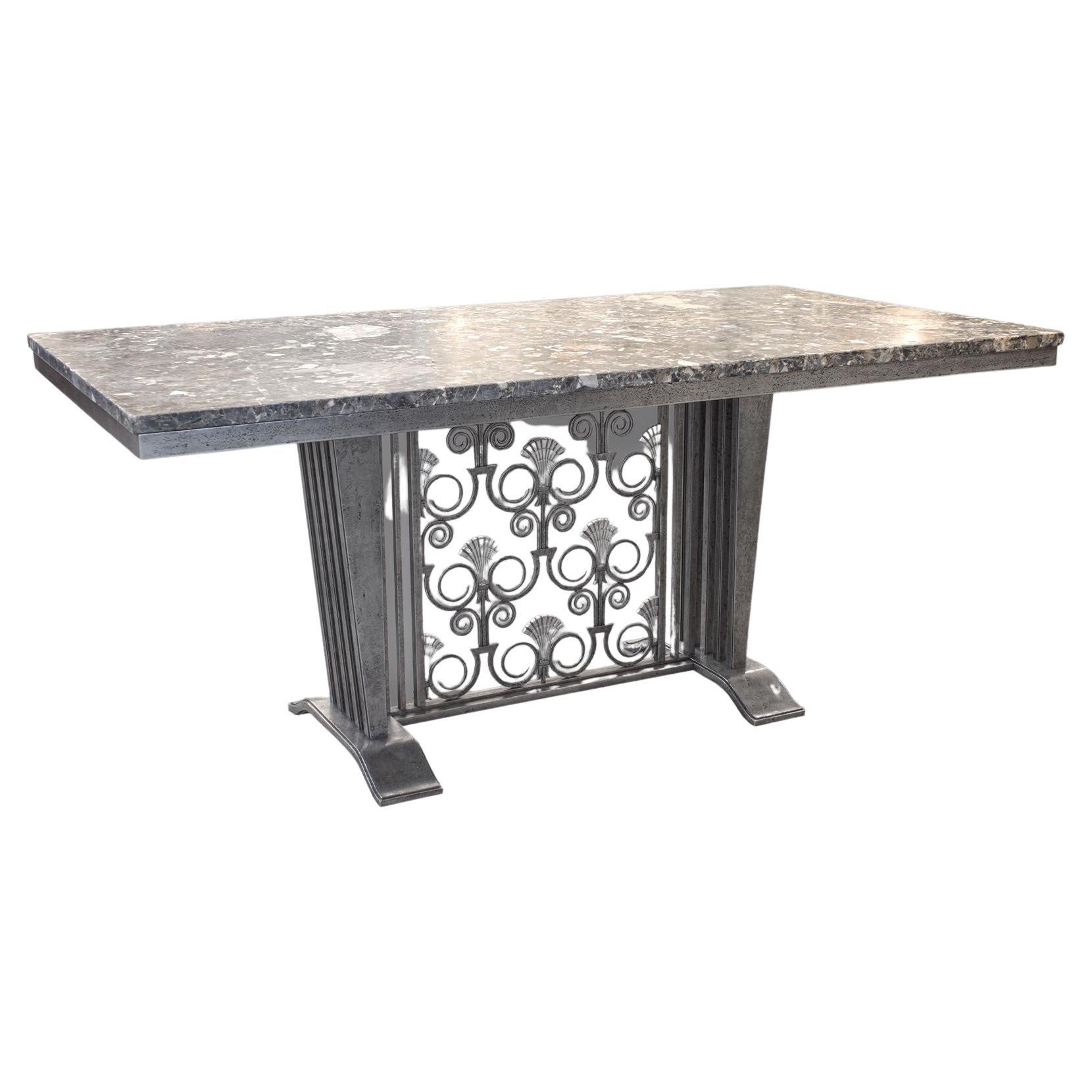Edgar Brandt wrought iron and silvered bronze table with marble on the top 1930