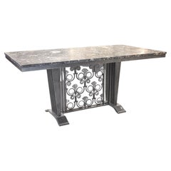 Vintage Edgar Brandt wrought iron and silvered bronze table with marble on the top 1930