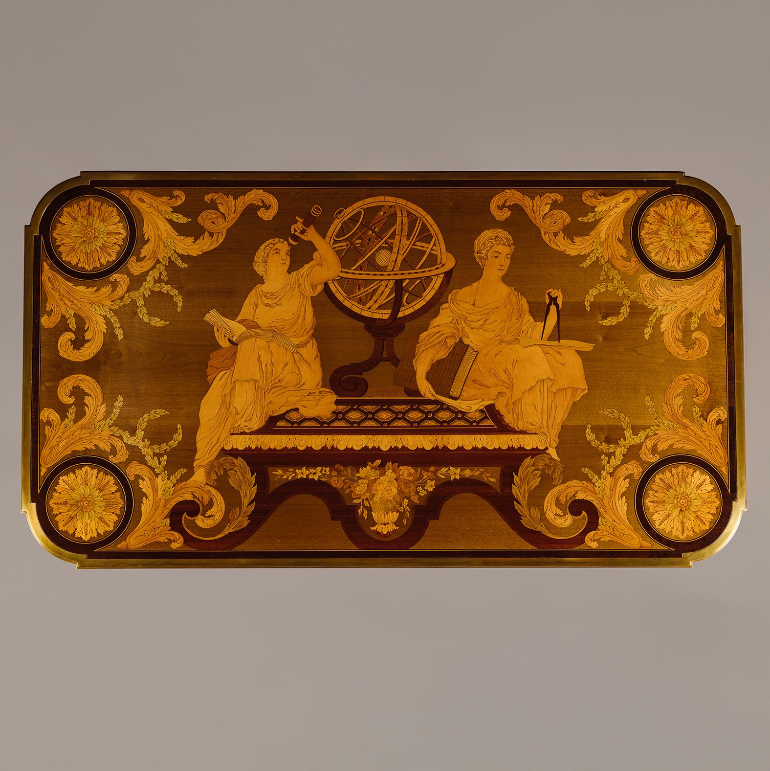 ‘Table des Muses’

A Fine Louis XVI Style Gilt-Bronze Mounted Amaranth, Bois Satiné and Sycamore Marquetry Centre Table, By François Linke, After The Model By Jean-Henri Riesener.

Index Number 251.

 Signed ‘F. Linke’ to edge of top

The elaborate