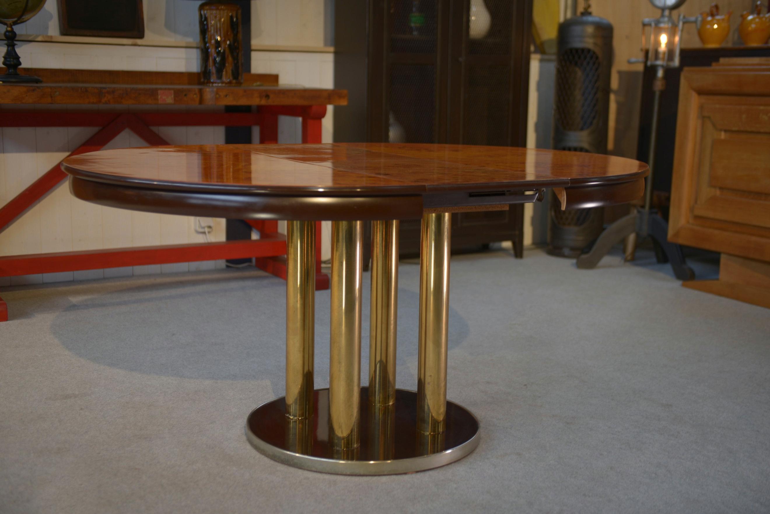 Acciaio Tavolo design en plaquage de loupe d'Orme par Ramaioli Pesaro 1970's in vendita