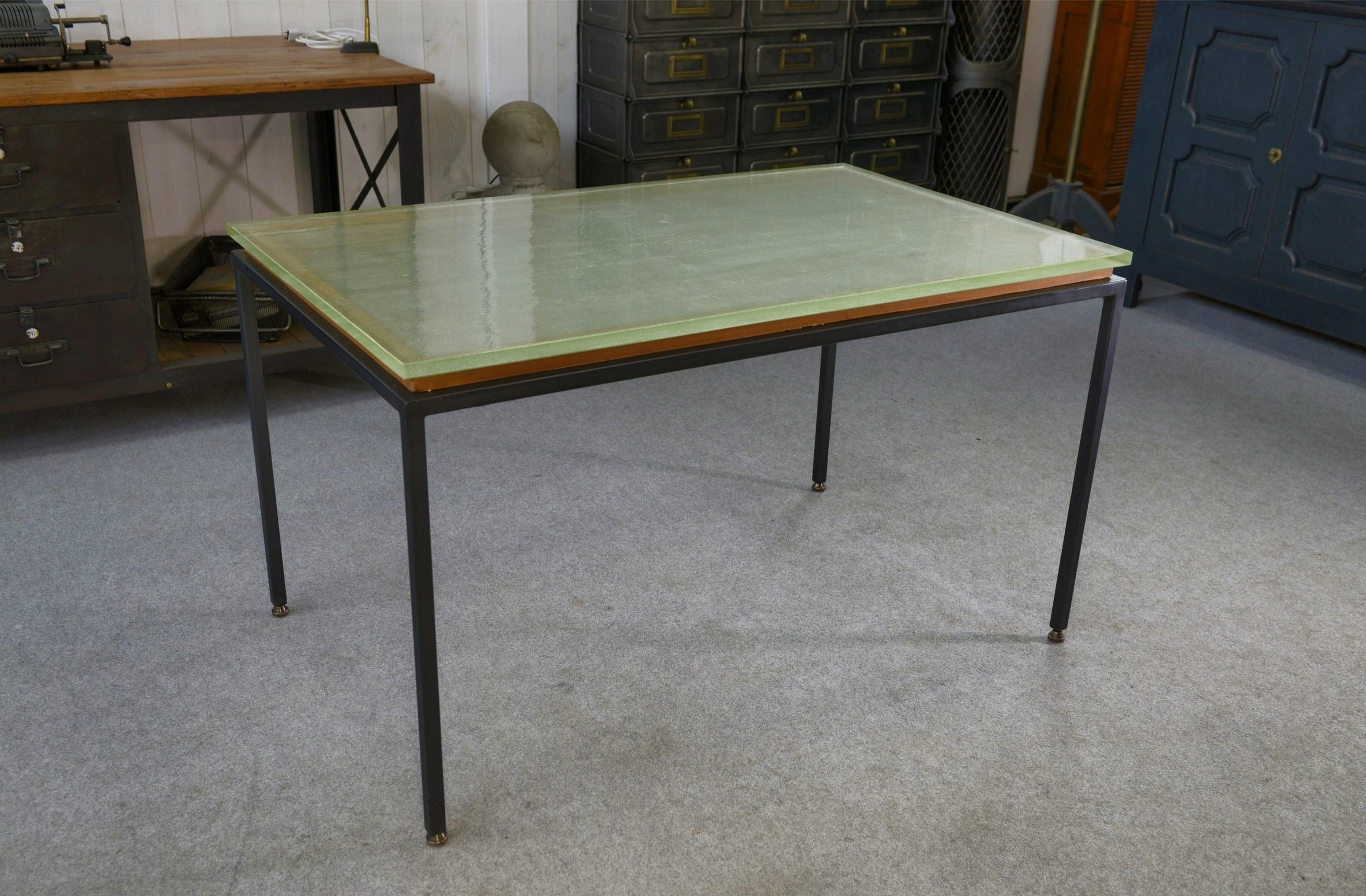 Table design en verre Saint Gobain et métal laqué noir 1960's Bon état - En vente à TOURCOING, FR