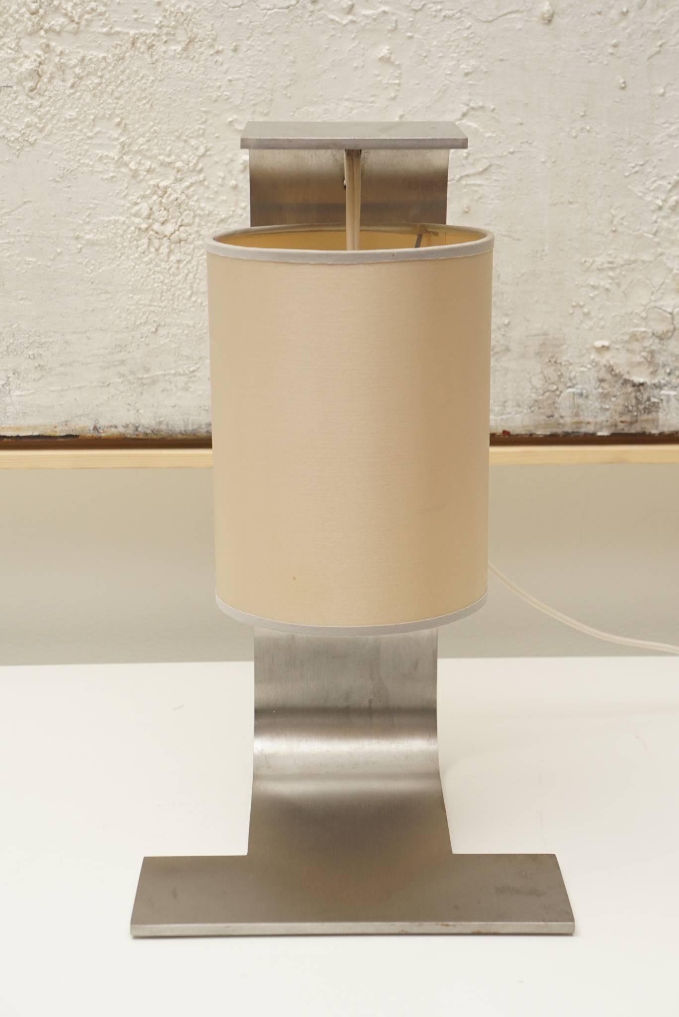 Unusual, table desk lamp, with ecru linen, silk cylindrical shade.