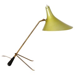 Table Desk Lamp, Patinated Brass Green Adjustable Shade Black Metal, 1950s