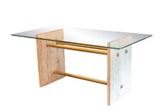 Table Desk, Roman Travertin, Glass and Gold Brass, circa 1970, France