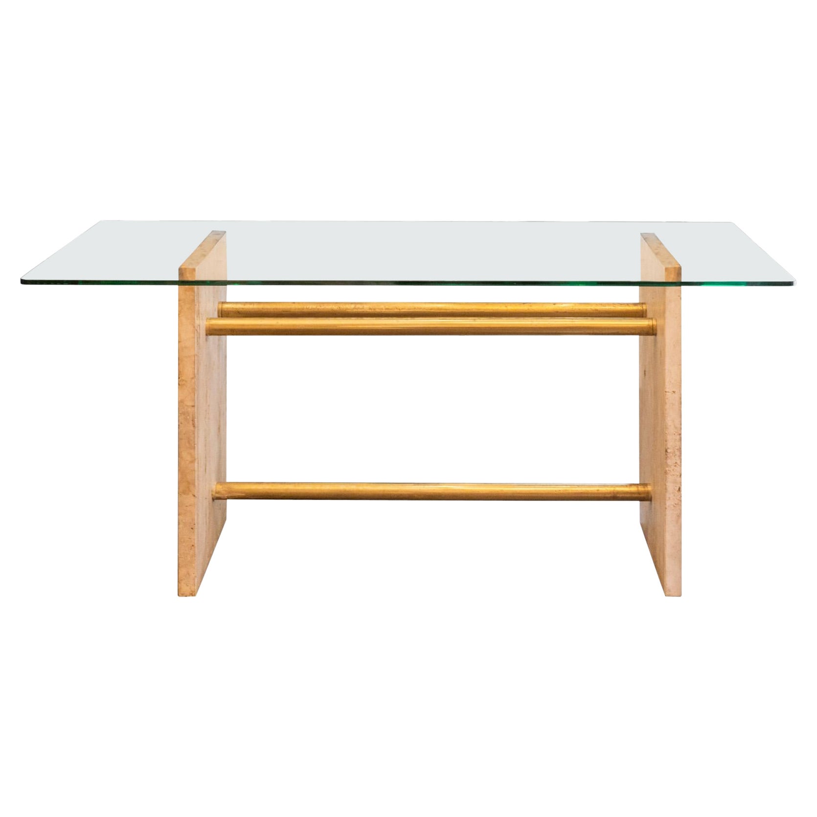 Bureau, travertin romain, verre et laiton doré, vers 1970, France
