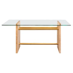 Table Desk, Roman Travertin, Glass and Gold Brass, circa 1970, France