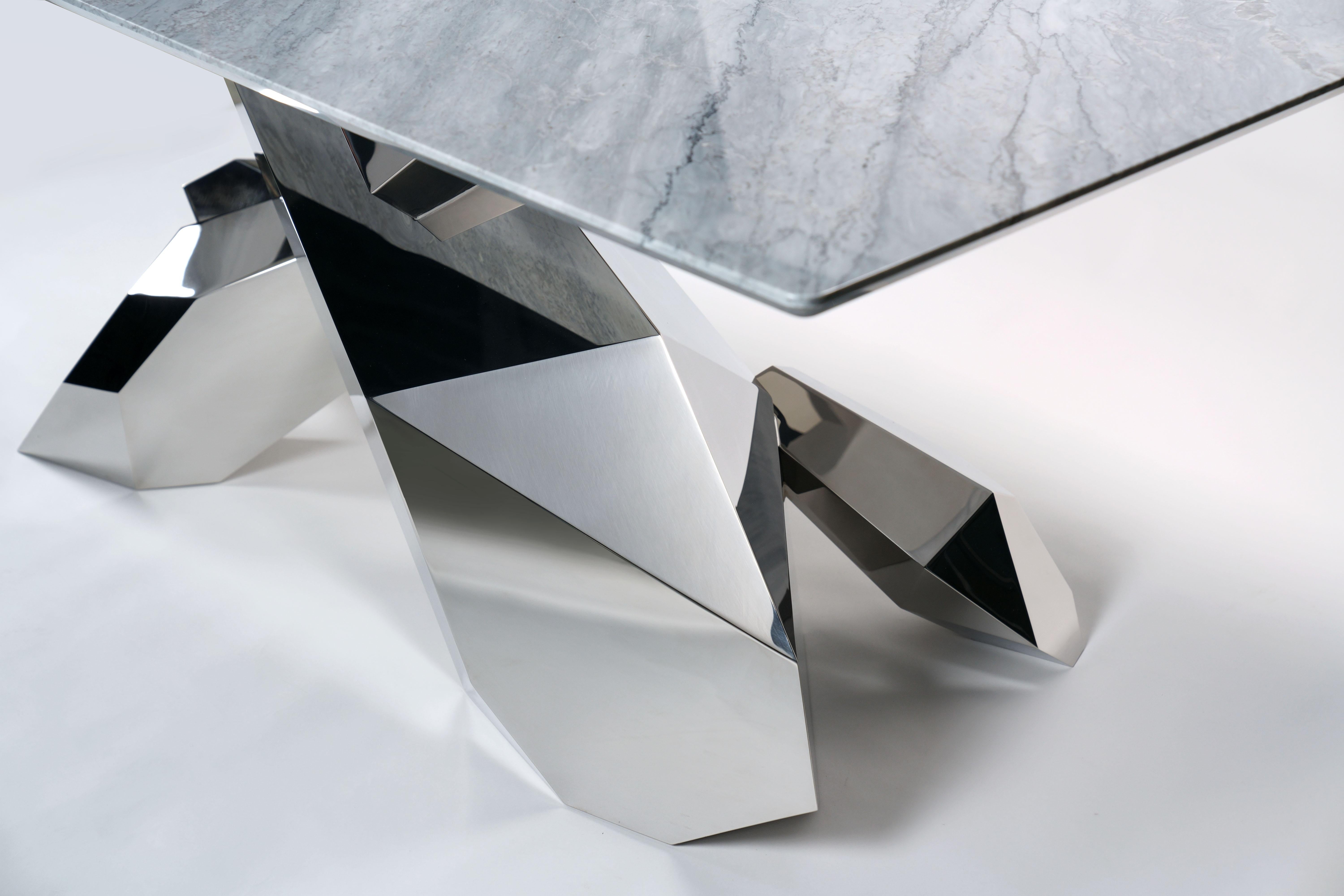 italien Table de bureau ou écrire à la maison - Miroir en acier avec plateau en marbre gris - Collection moderne en vente