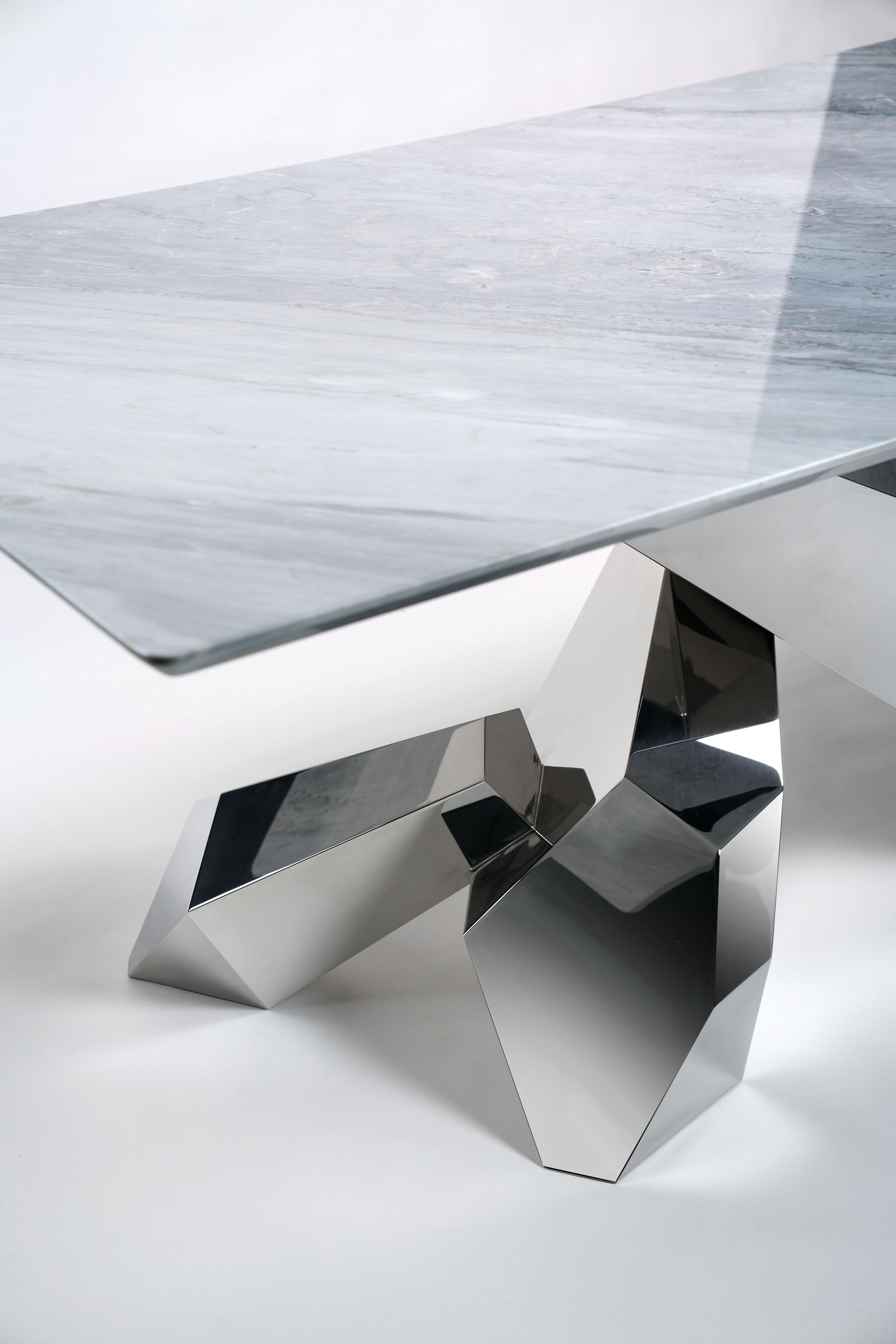 Fait main Table de bureau ou écrire à la maison - Miroir en acier avec plateau en marbre gris - Collection moderne en vente